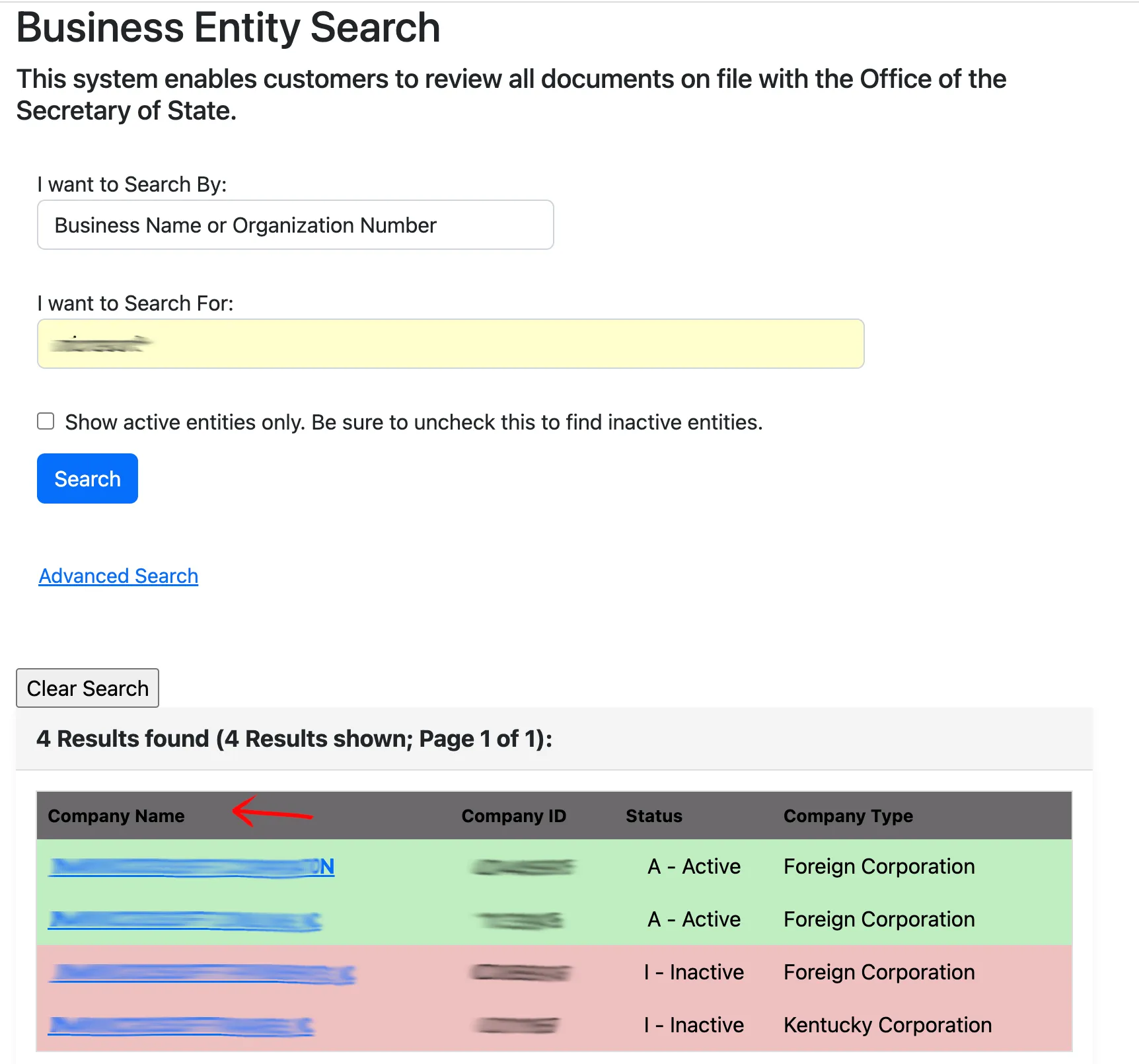 Kentucky business entity search results list with matching records