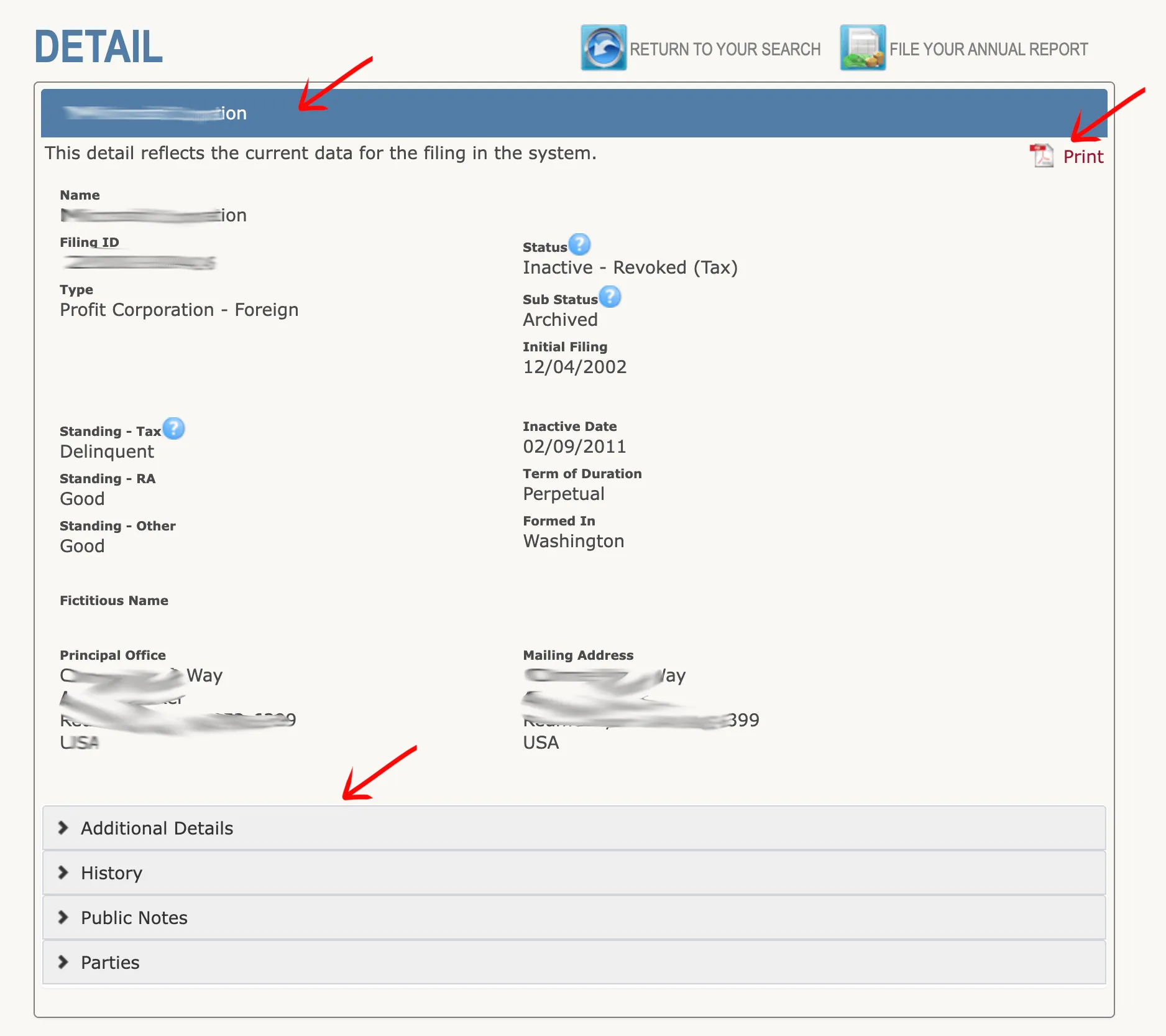 Wyoming WyoBiz detail page showing filing ID, type, status, standing, addresses, annual report link, print link, and tabs for additional details, history, public notes, and parties
