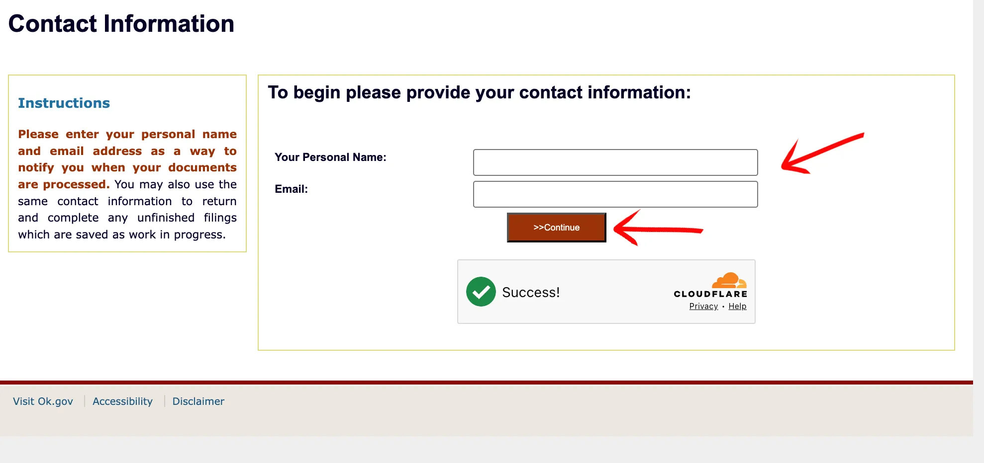 Oklahoma identity verification form asking for name and email address