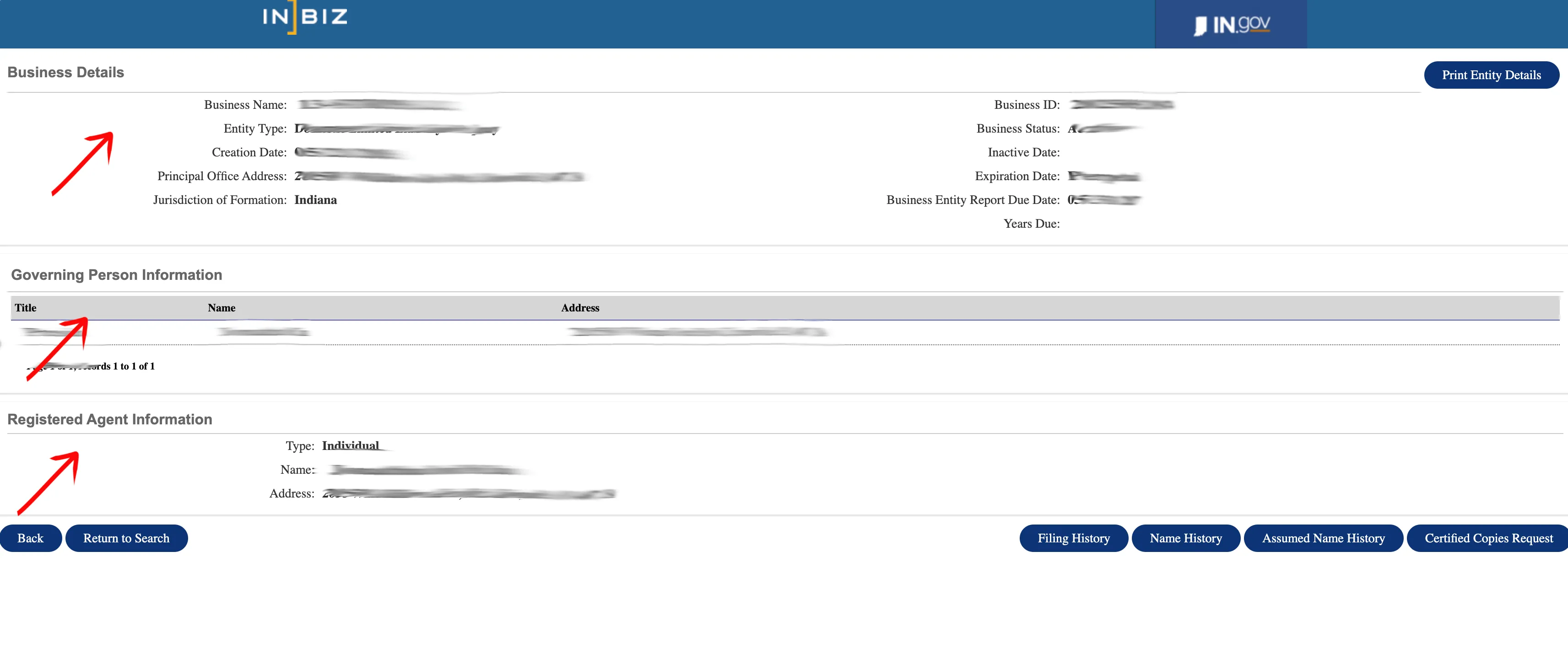 Indiana INBiz entity detail page with business details, governing person information, registered agent information, and history options