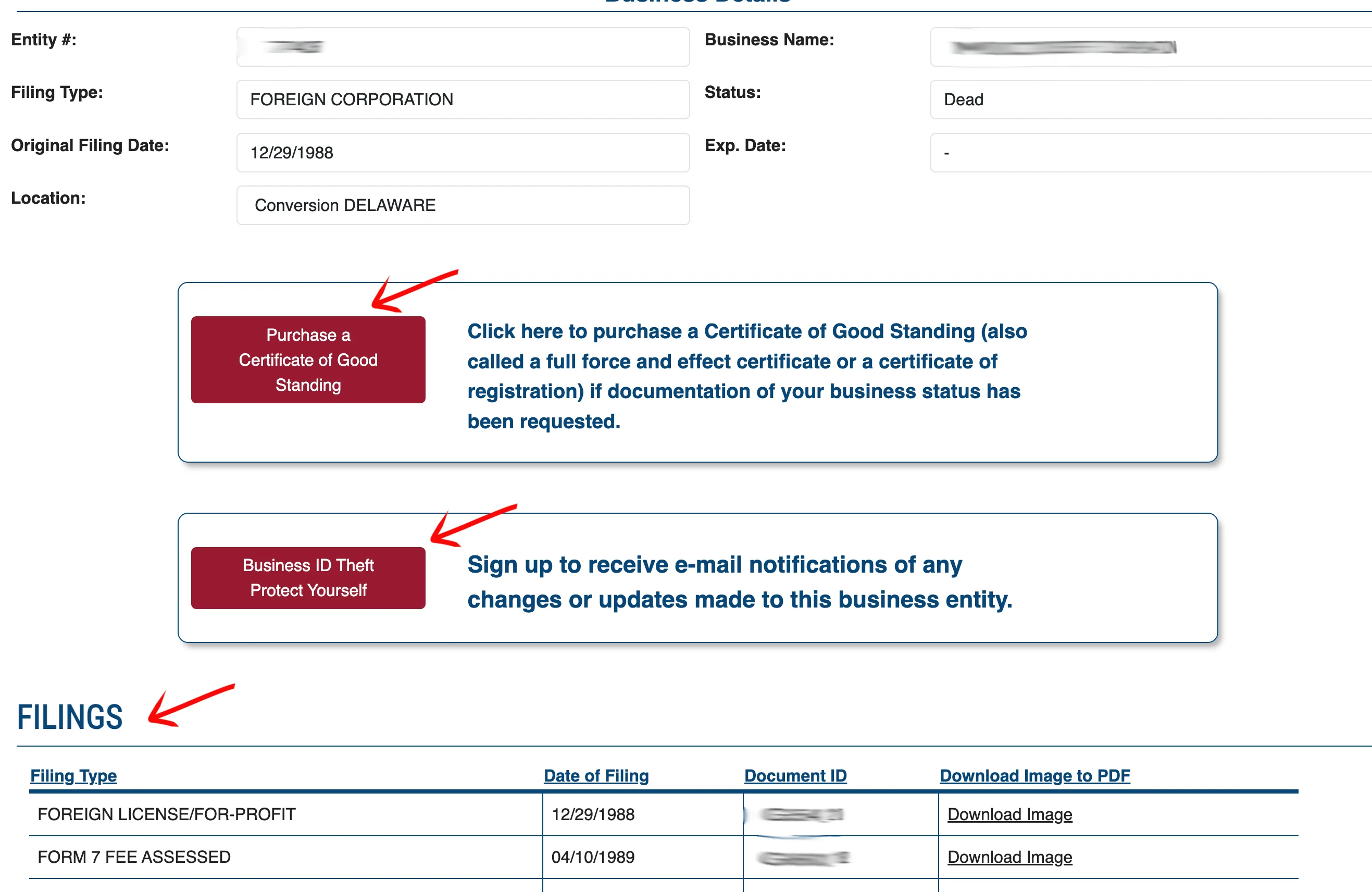 Ohio detailed business profile showing details, statutory agent, and filing history
