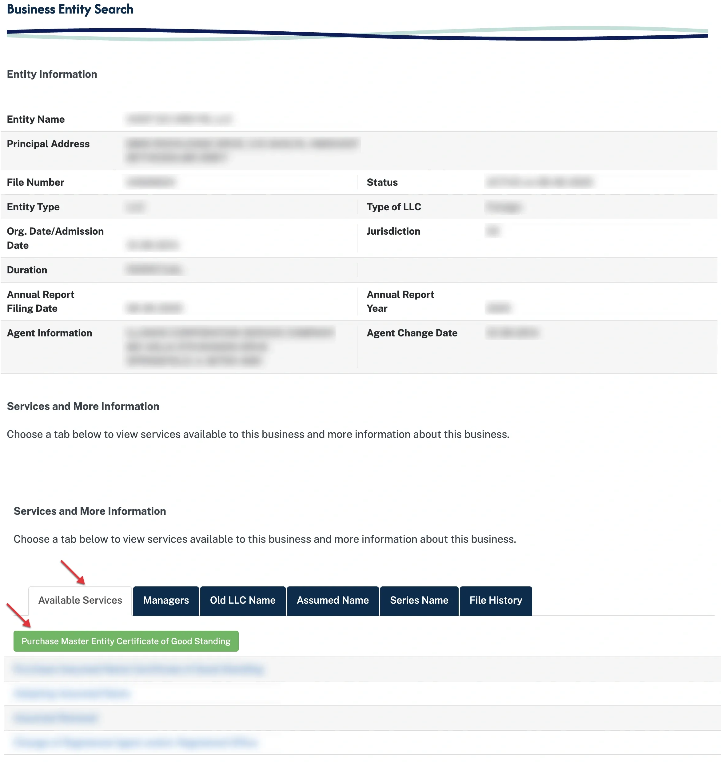 Illinois entity detail page showing entity information, status, annual report fields, registered agent, and service tabs