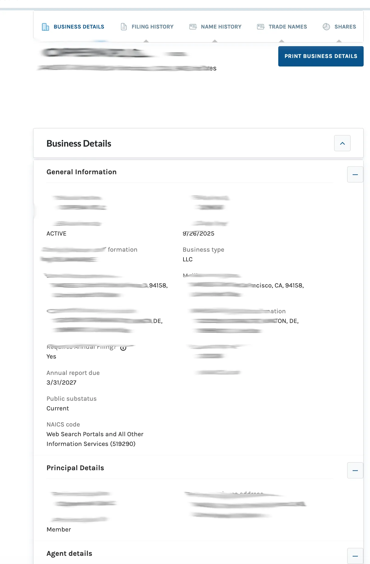 Connecticut business details page with general information, principal details, agent details, filing history, name history, and shares sections
