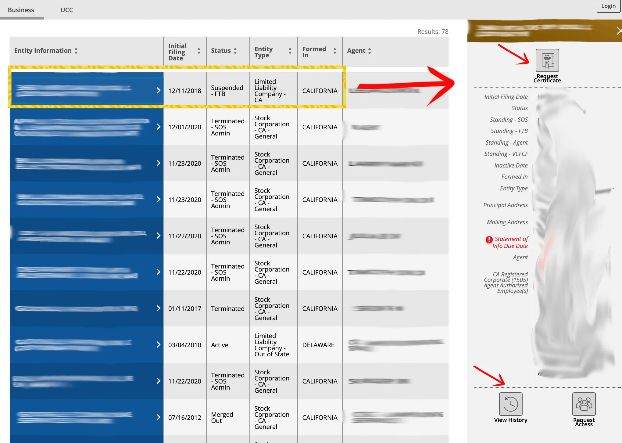 California business entity details page with standing, address, statement of information, and agent data