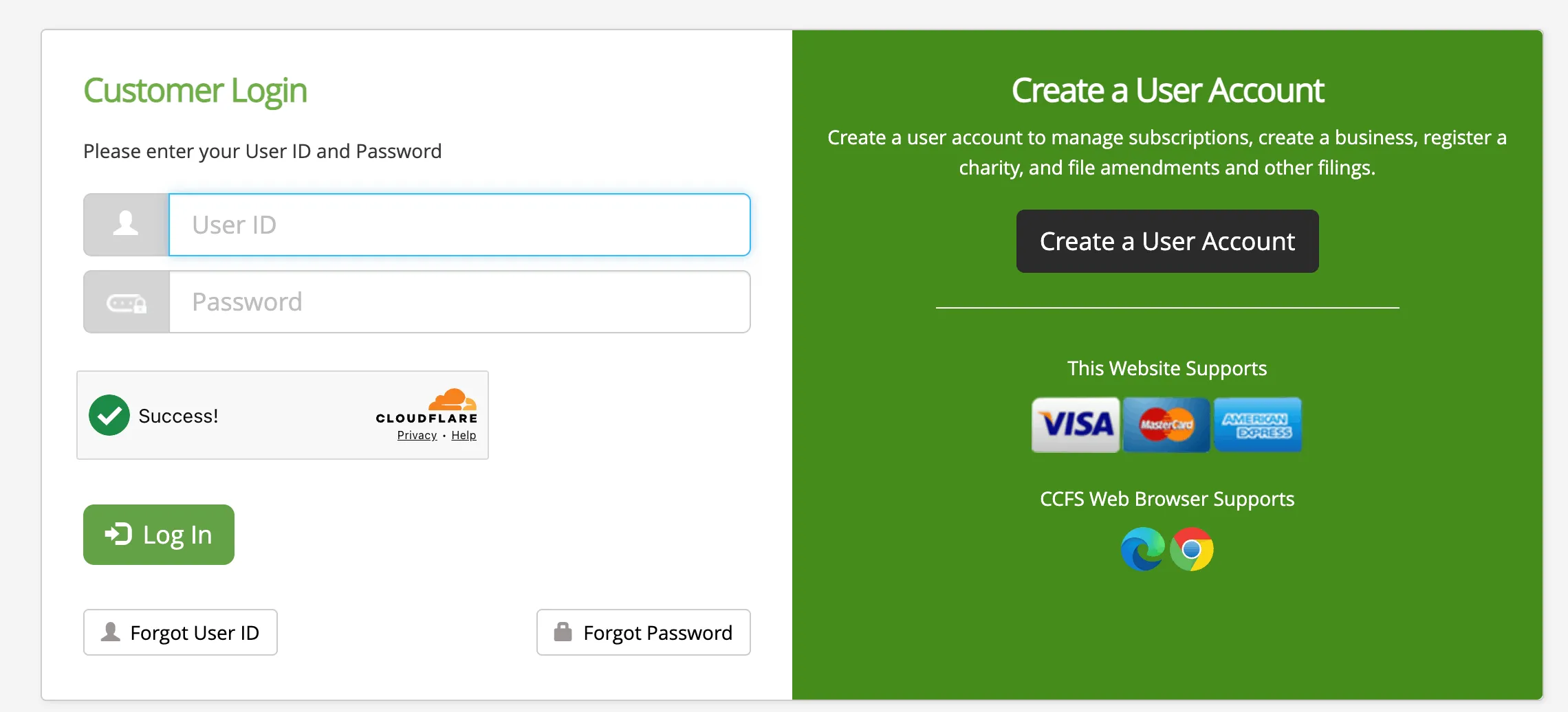 Washington CCFS customer login screen with create a user account section