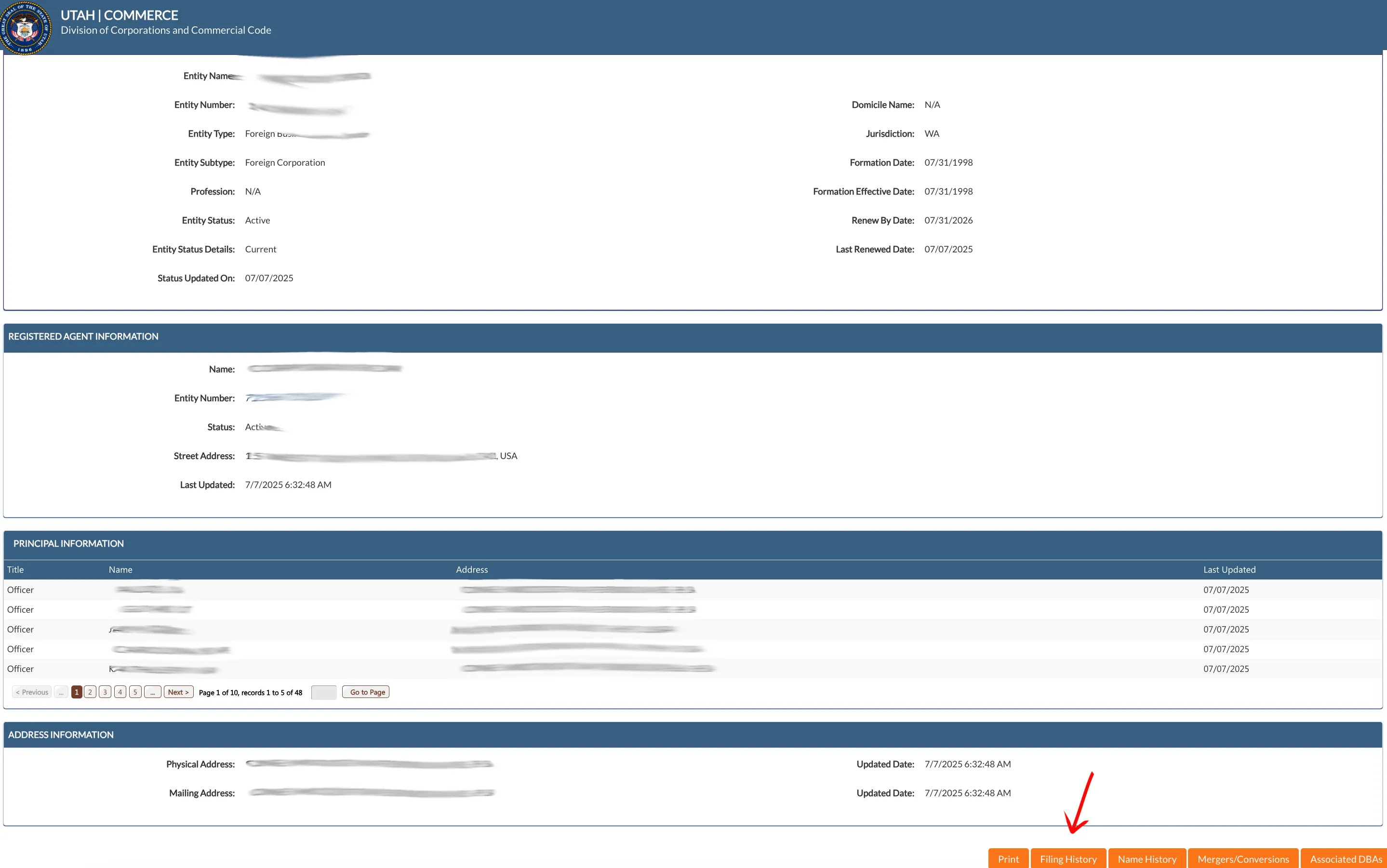 Utah entity details view showing status, registered agent, and principal information