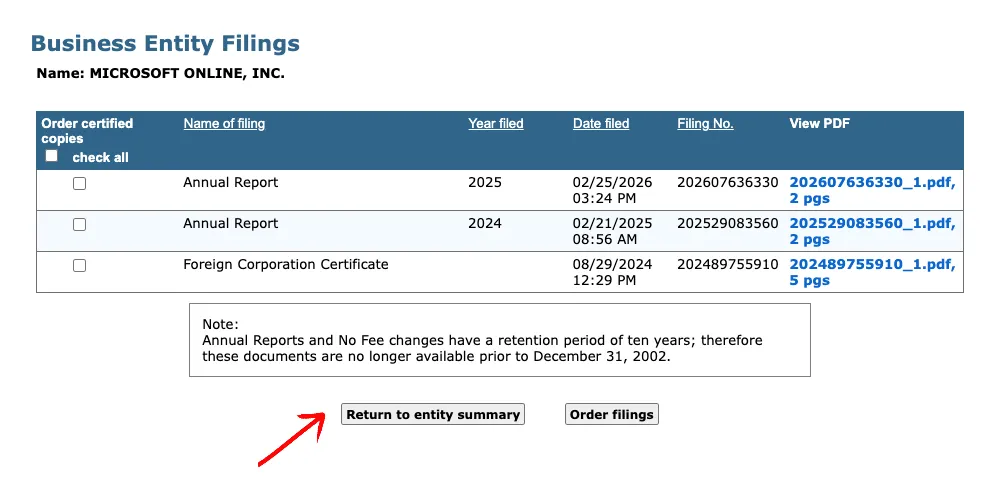 Massachusetts entity filing history list showing previous filings