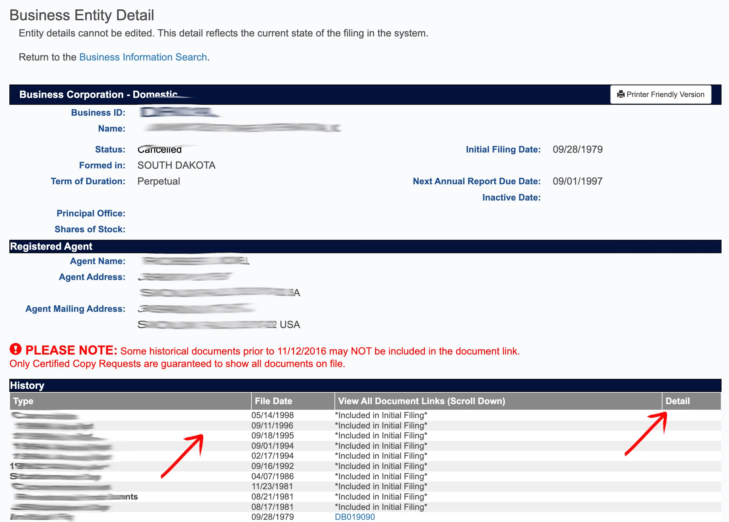 South Dakota business details view showing filing history section at the bottom