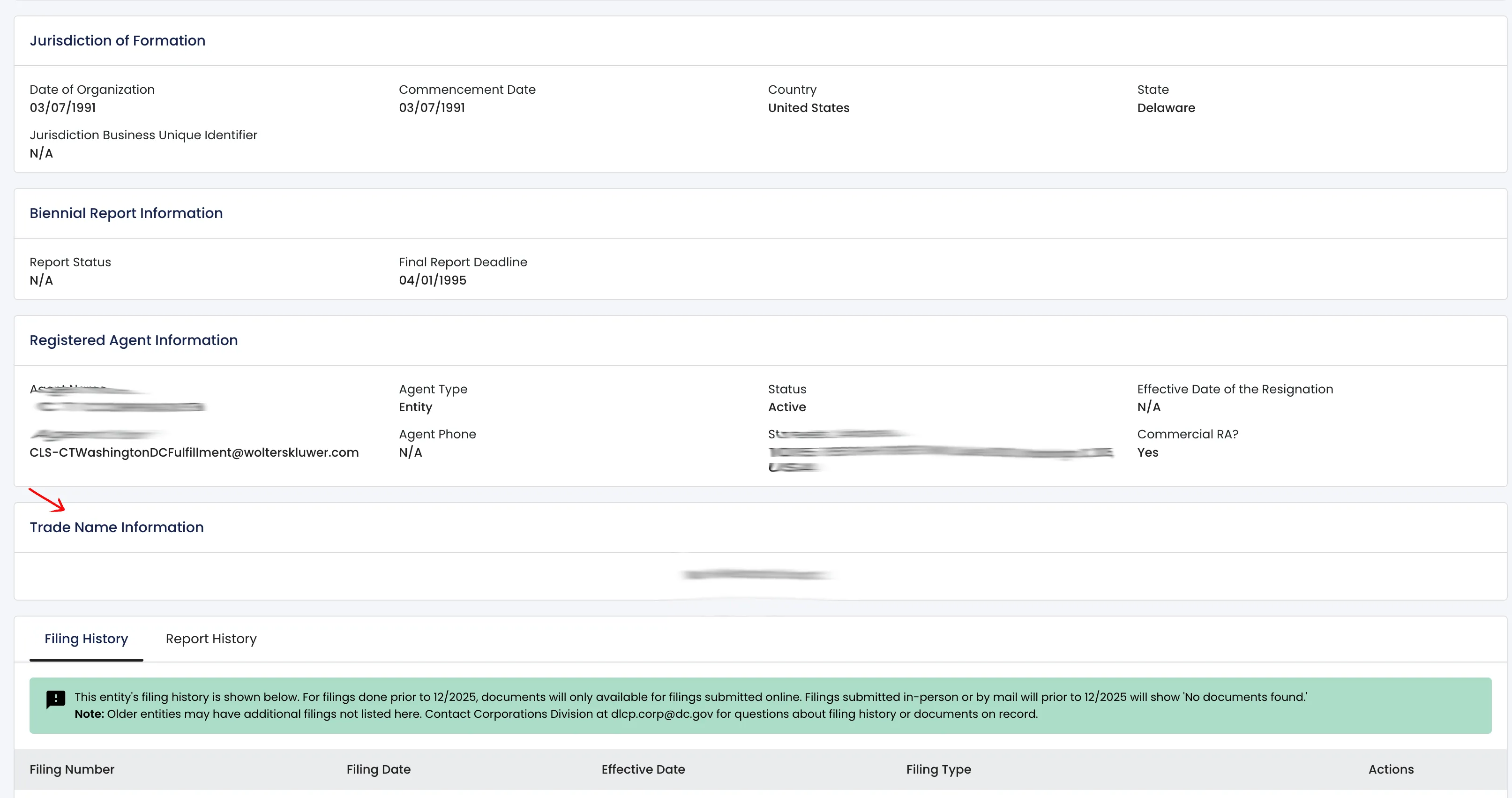 District of Columbia entity information page displaying registration details and agent address