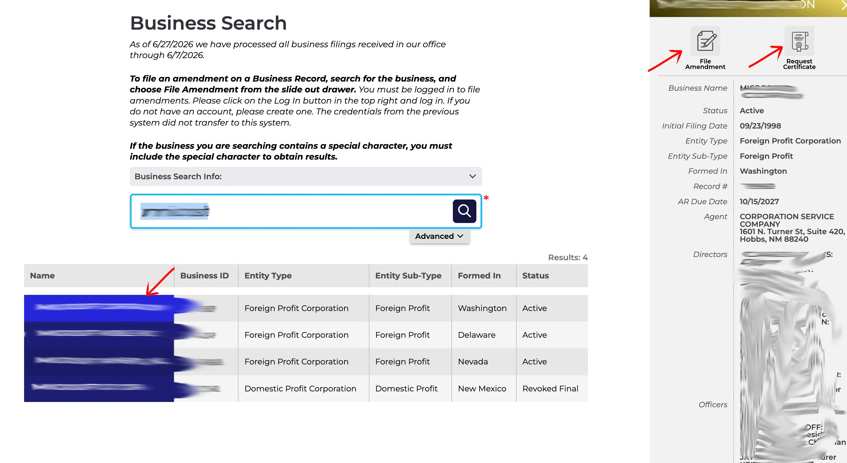 New Mexico search page with a details drawer slide-out on the right side