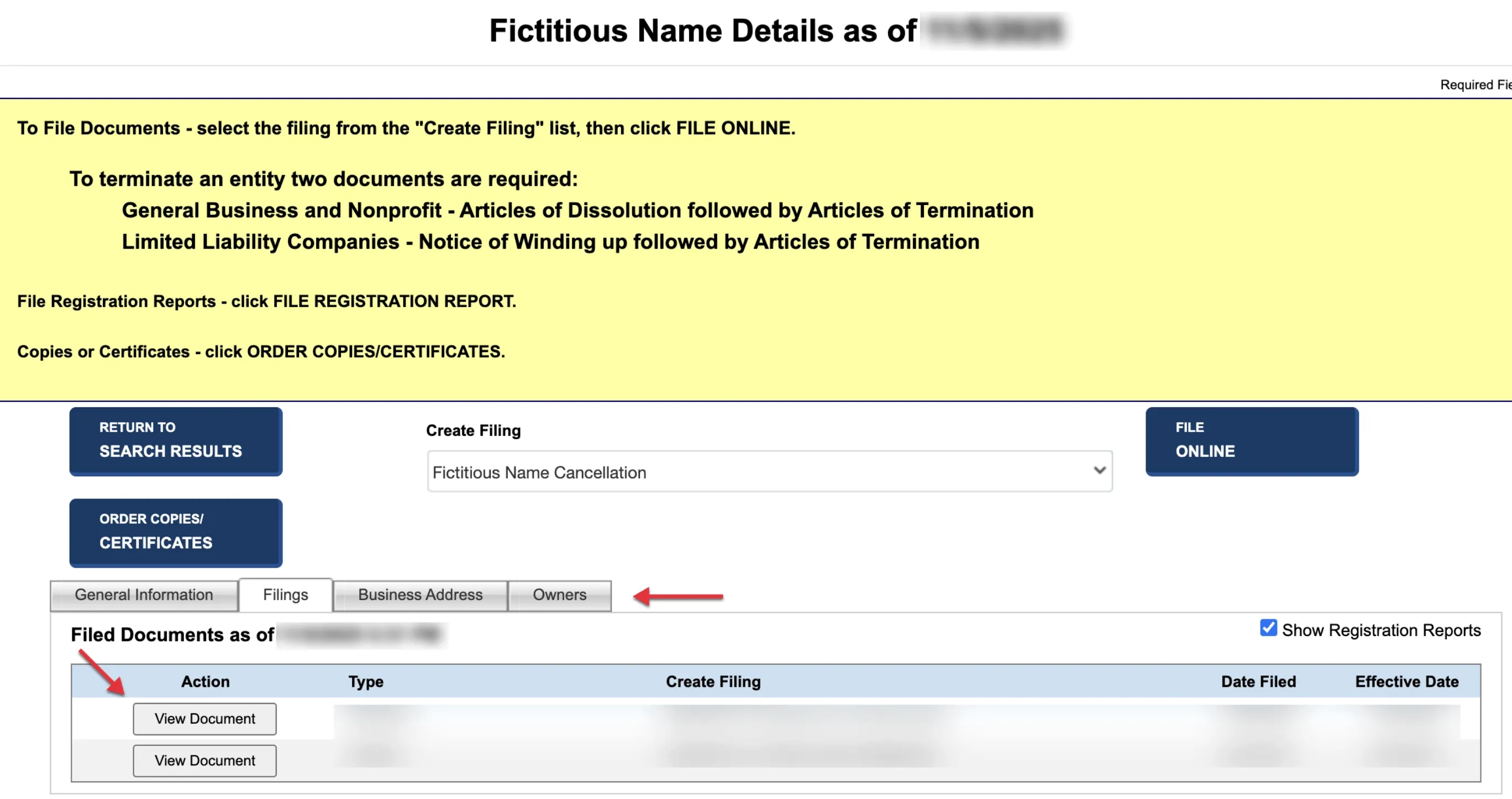 Missouri entity filings tab detailing filed documents and view document buttons