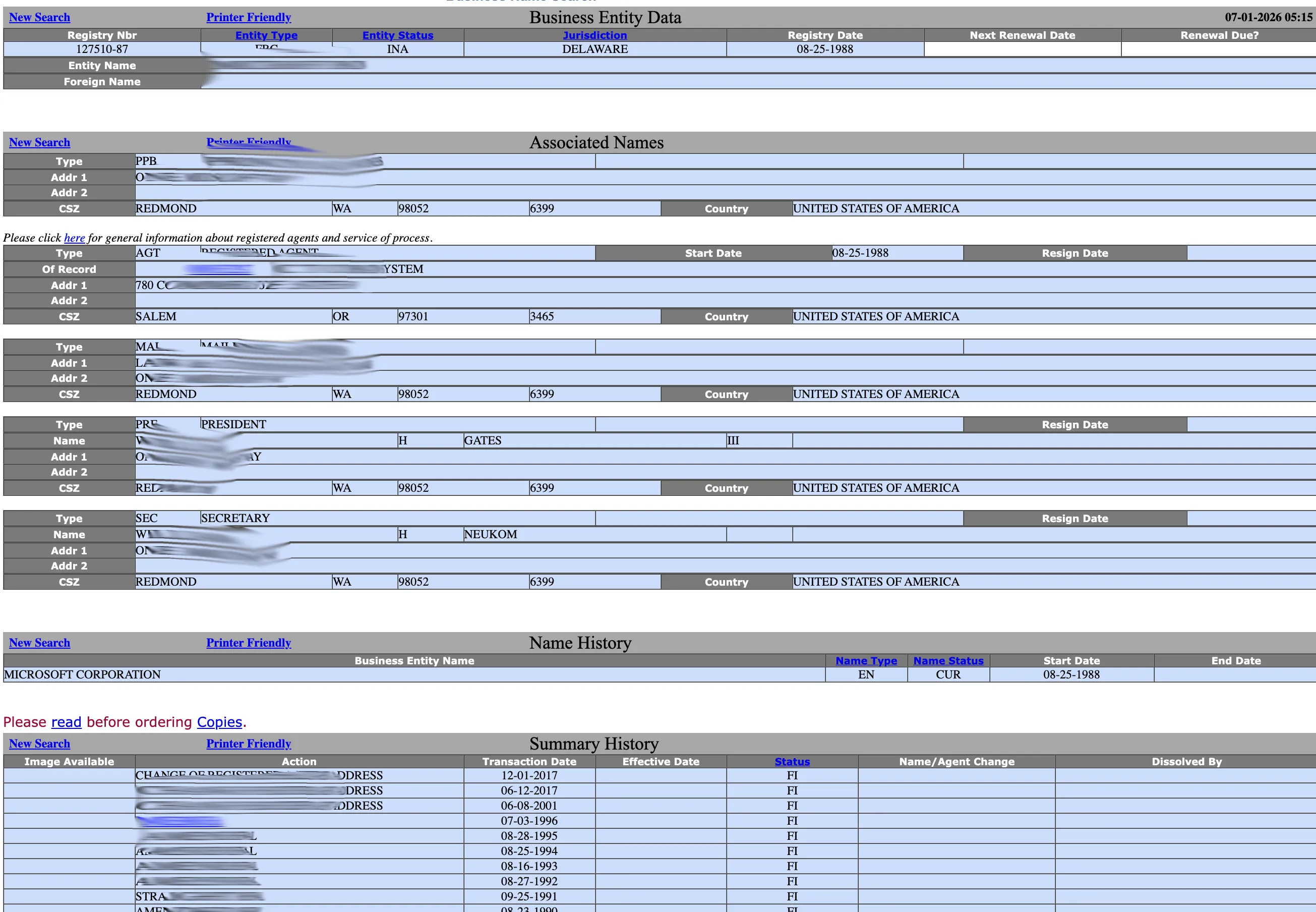 Oregon entity name history and summary transaction list