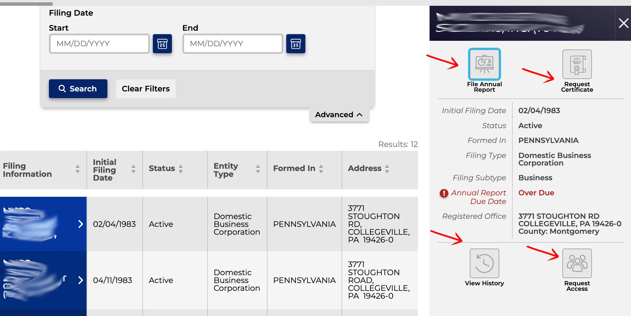Pennsylvania business filing history panel listing all submitted documents