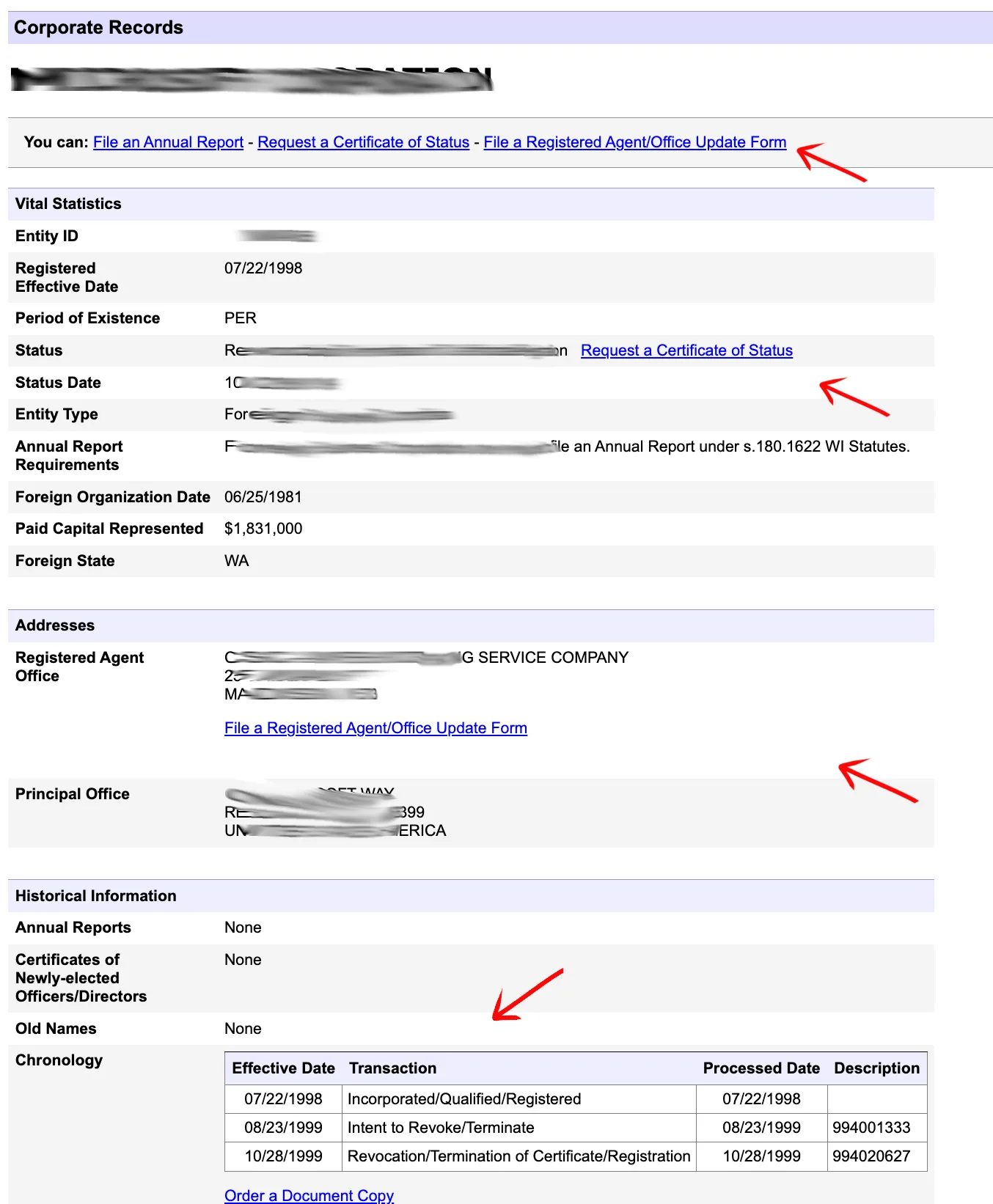 Wisconsin corporate record detail page showing annual report, certificate of status, registered agent update links, vital statistics, addresses, and chronology