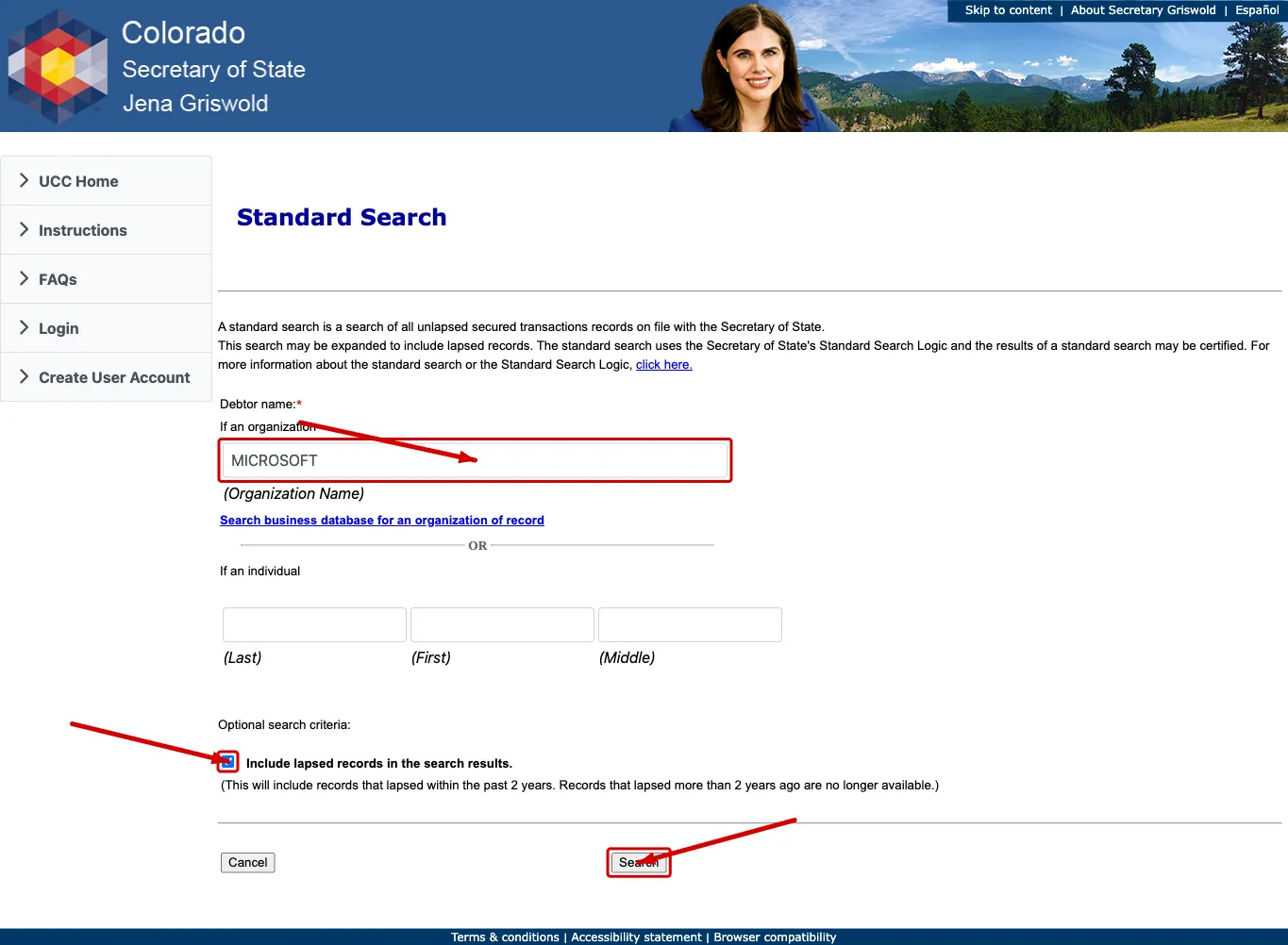 Colorado standard search screen for debtor or organization transaction records