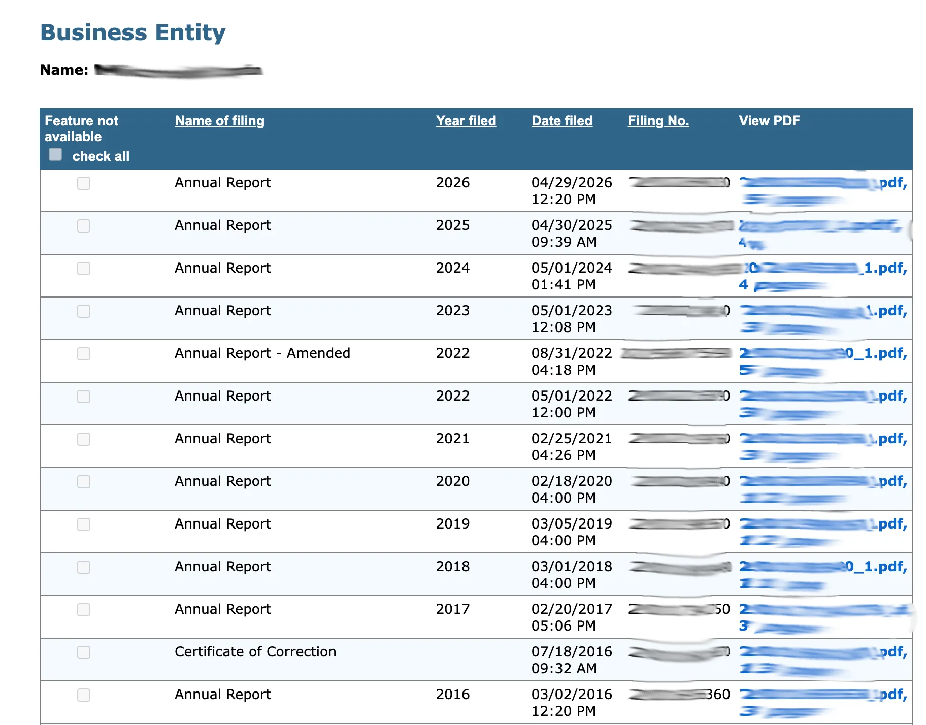 Rhode Island historical filings table displaying form names, filing numbers, and PDF view links