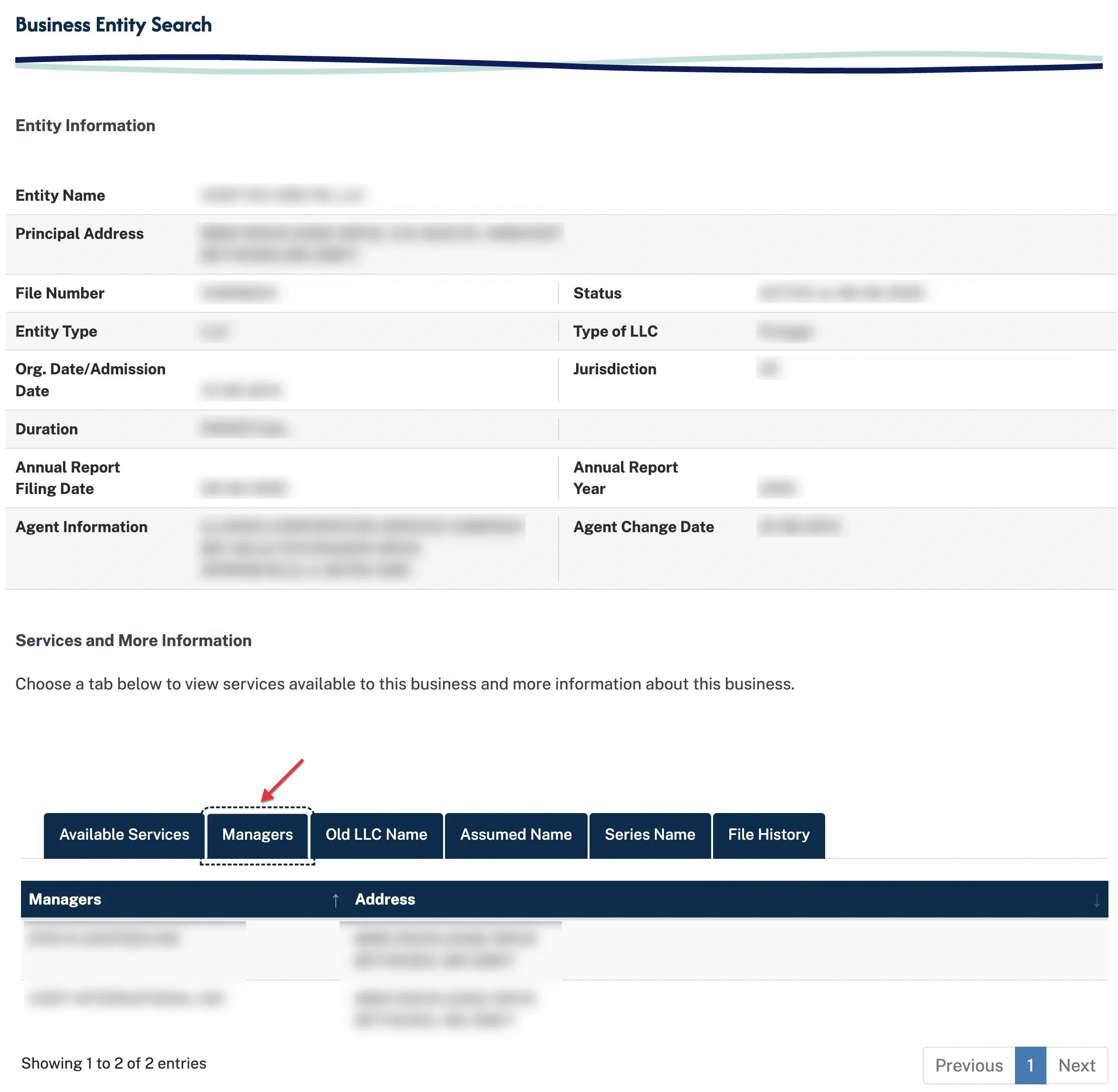 Illinois LLC entity record with the Managers tab selected and manager address results