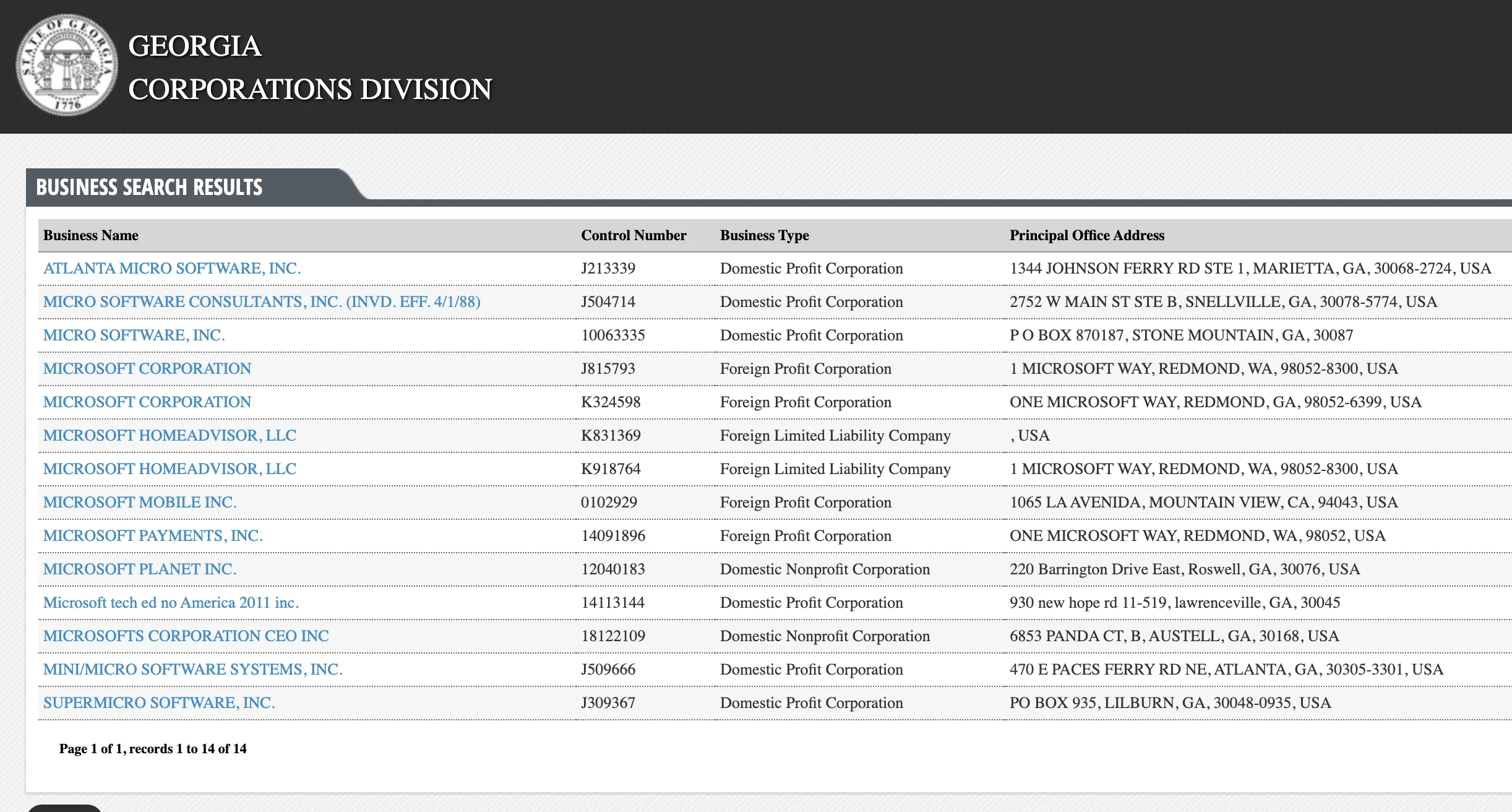 Georgia eCorp business search results listing similar business names with control numbers, business types, and principal office addresses