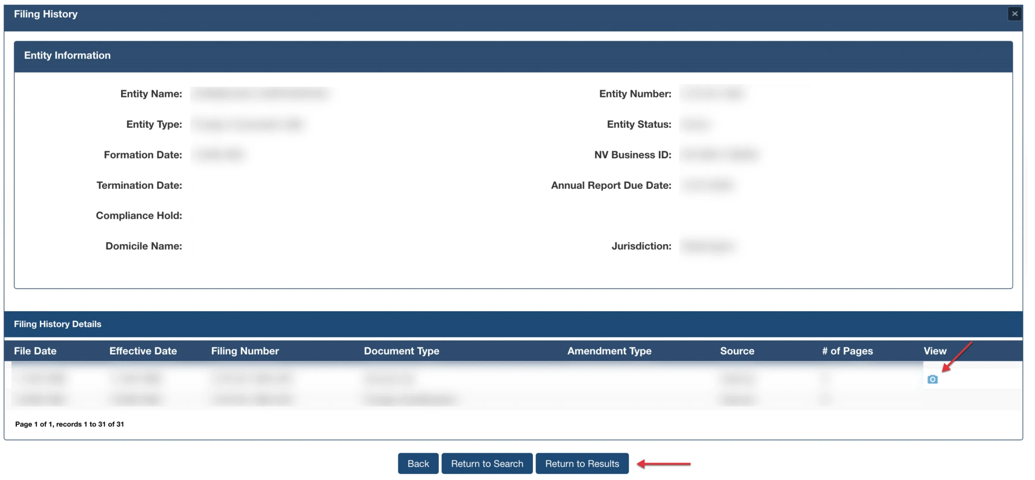 Nevada filing history popup displaying corporate filings and document viewer links