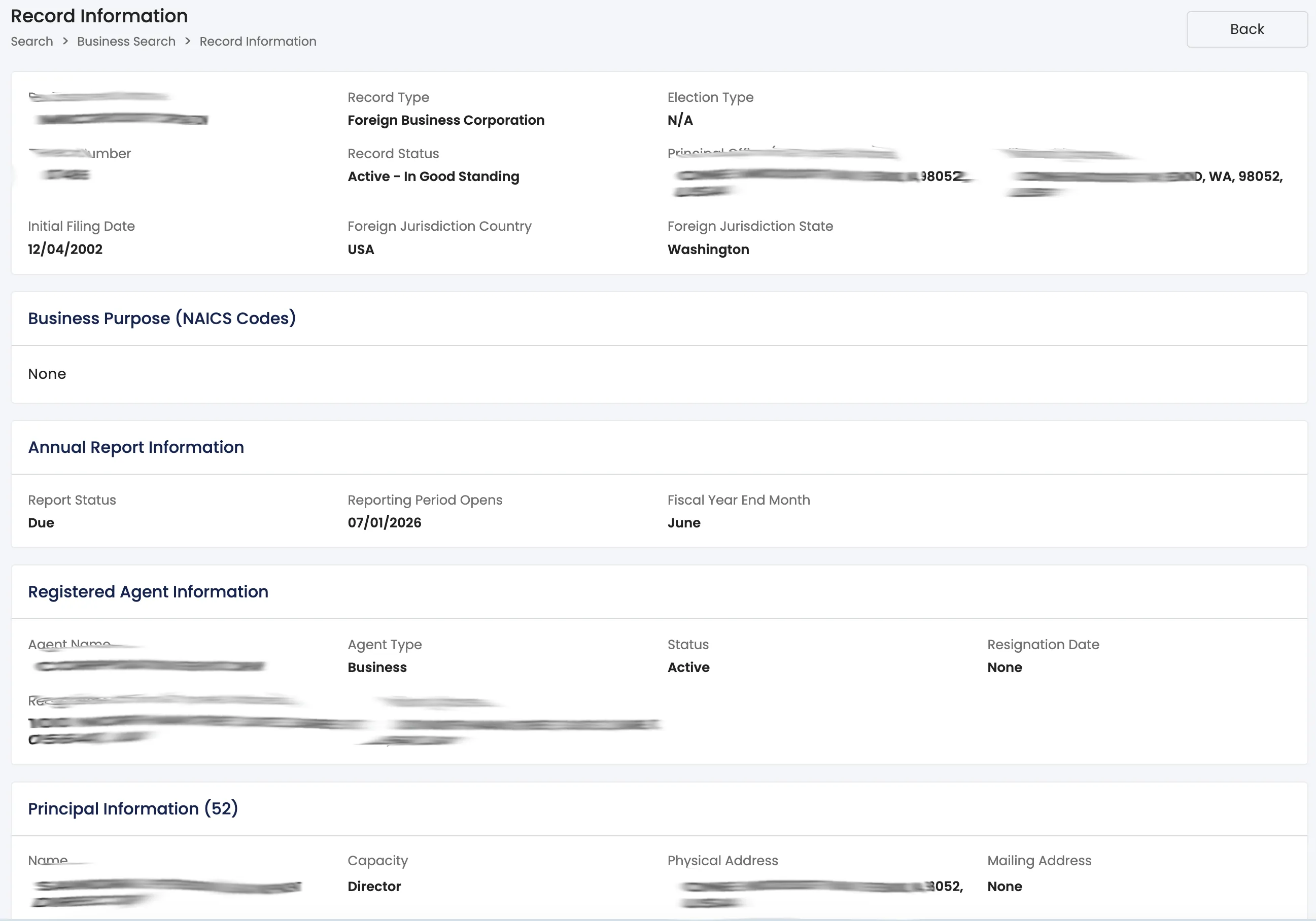 Vermont business detailed record view showing entity details, registered agent and filing history