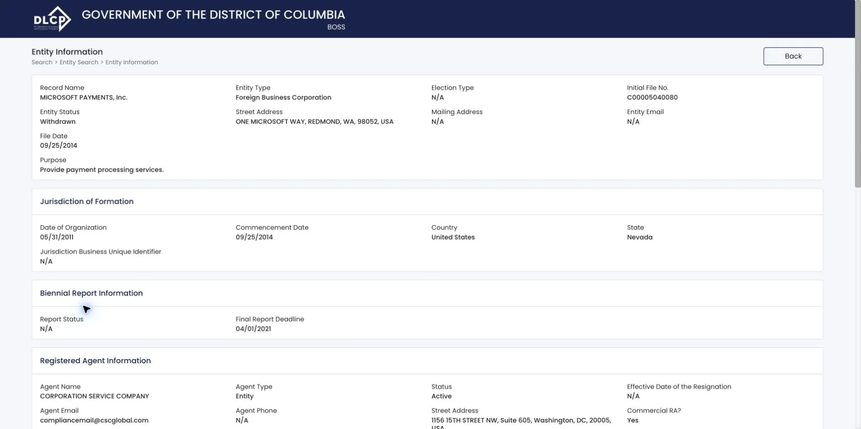 District of Columbia BOSS entity information page showing status and registration details