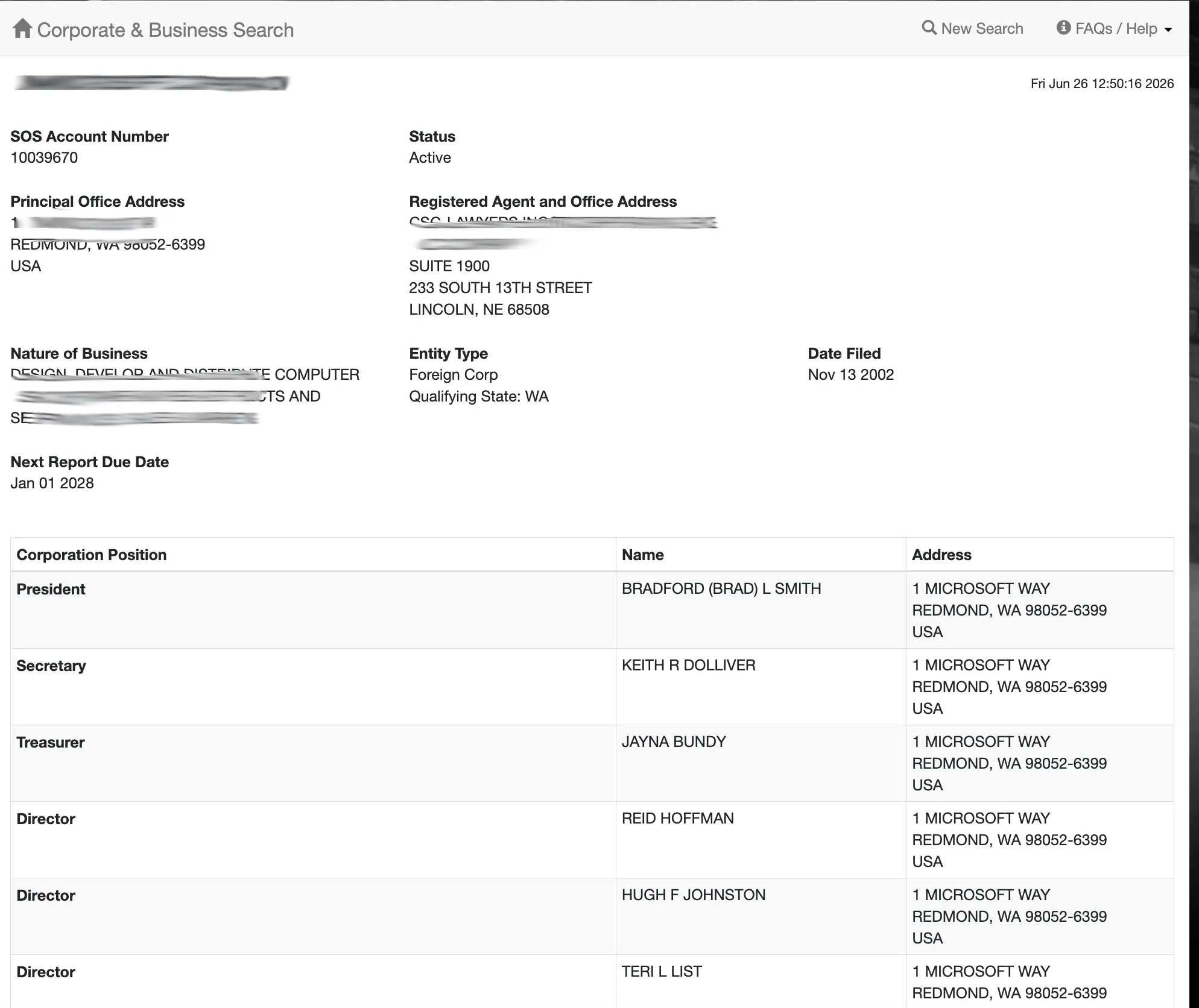 Nebraska business details page displaying core filing information and document list