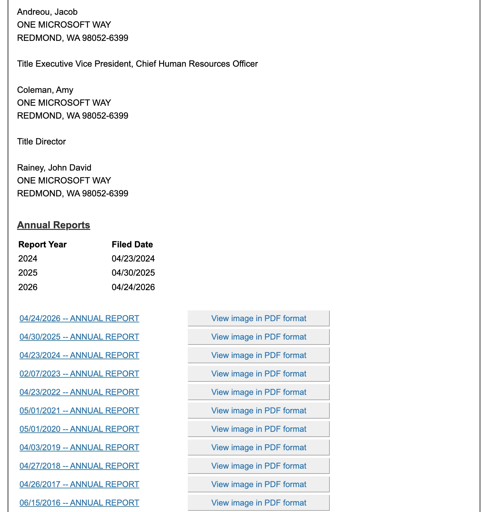 Sunbiz entity detail page showing officer listings, an annual report table with filed dates, and document image links in PDF format