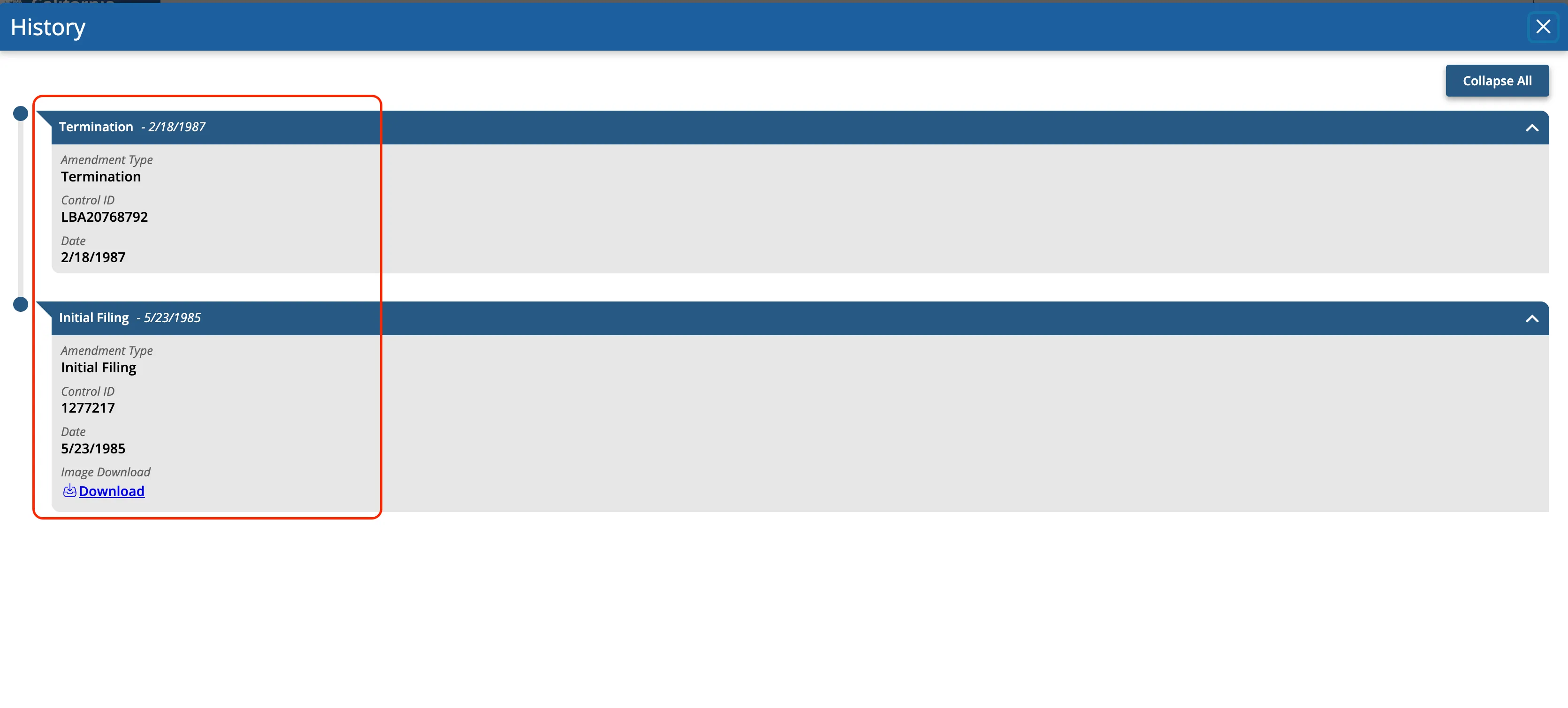 California bizfile Online History panel listing amendments with type, control ID, date, and an image download link