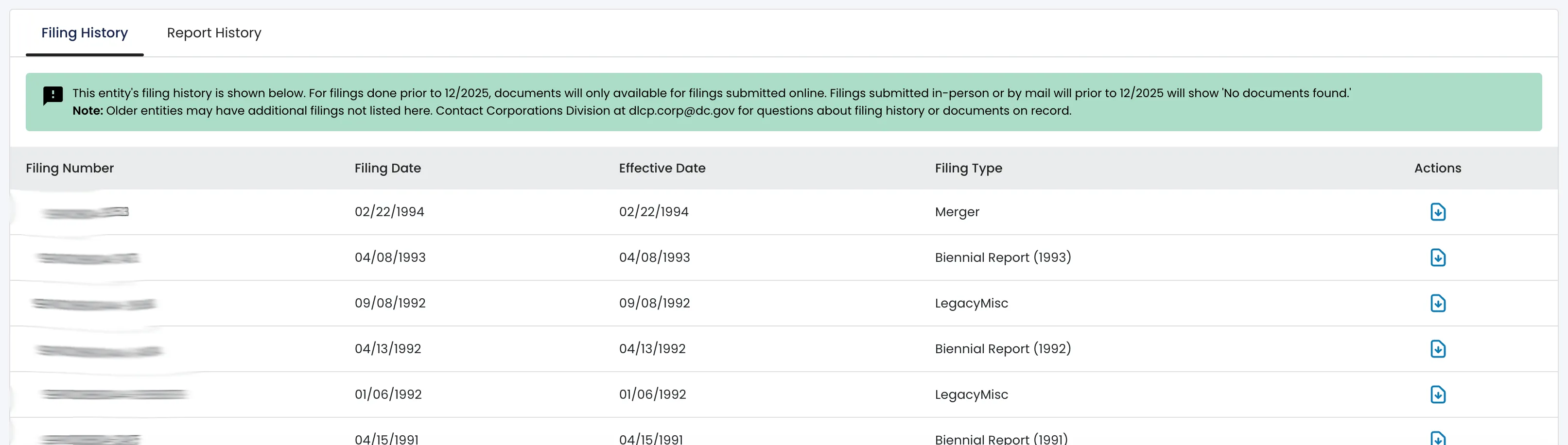 CorpOnline Filing History tab displaying historical mergers and biennial report filings