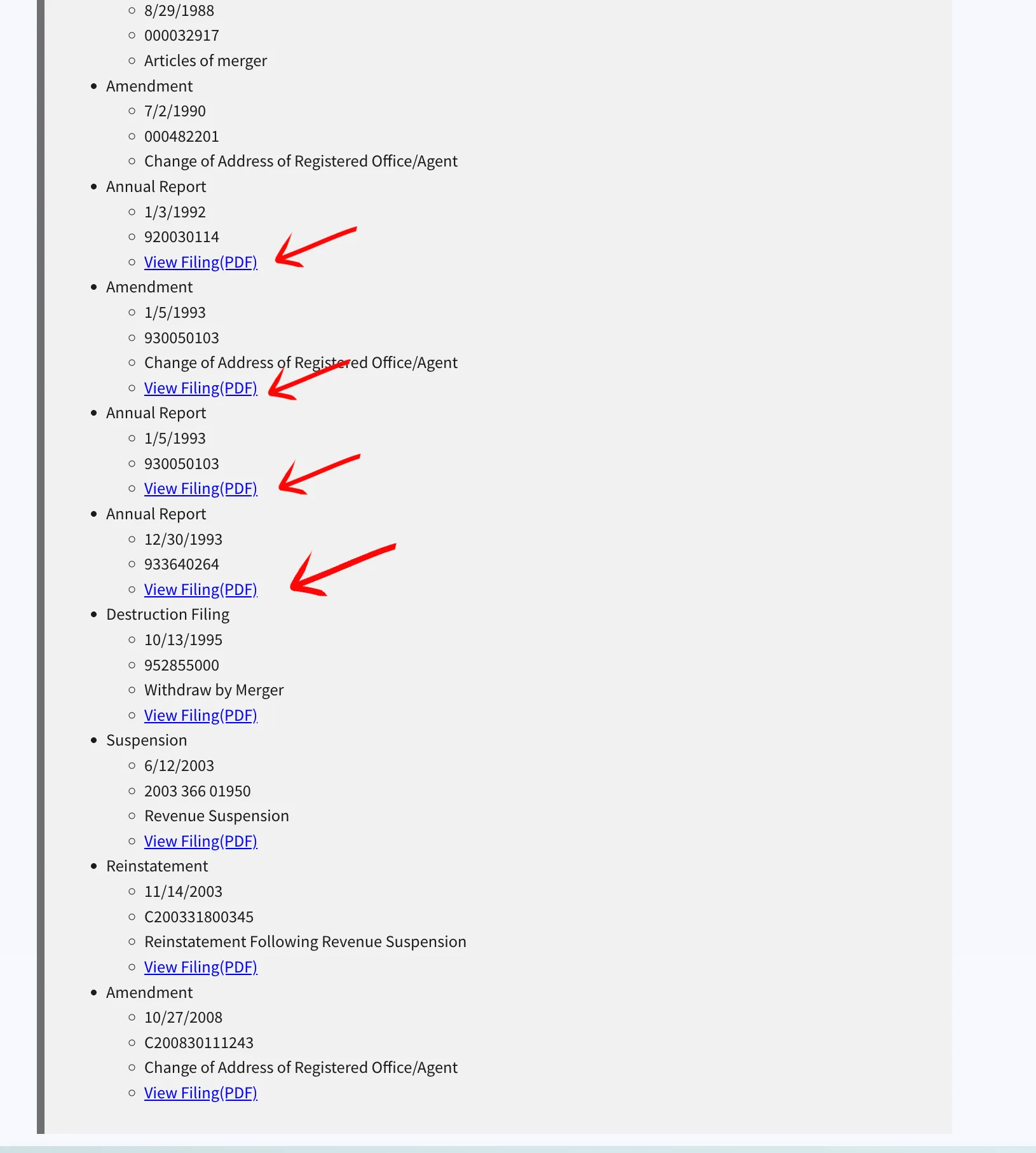 North Carolina filing history list showing annual reports and PDF file links