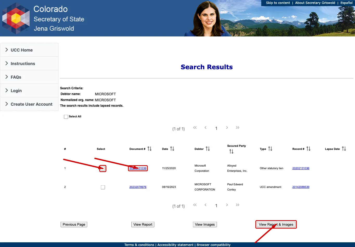 Colorado transaction records table with document number, date, debtor, secured party, type, record number, and lapse date