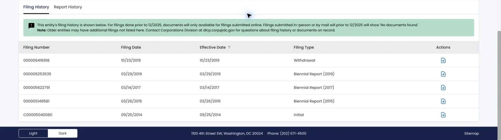 BOSS Filing History tab displaying historical entity filings and document actions