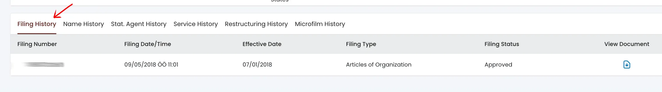 Arizona entity history and filing tabs