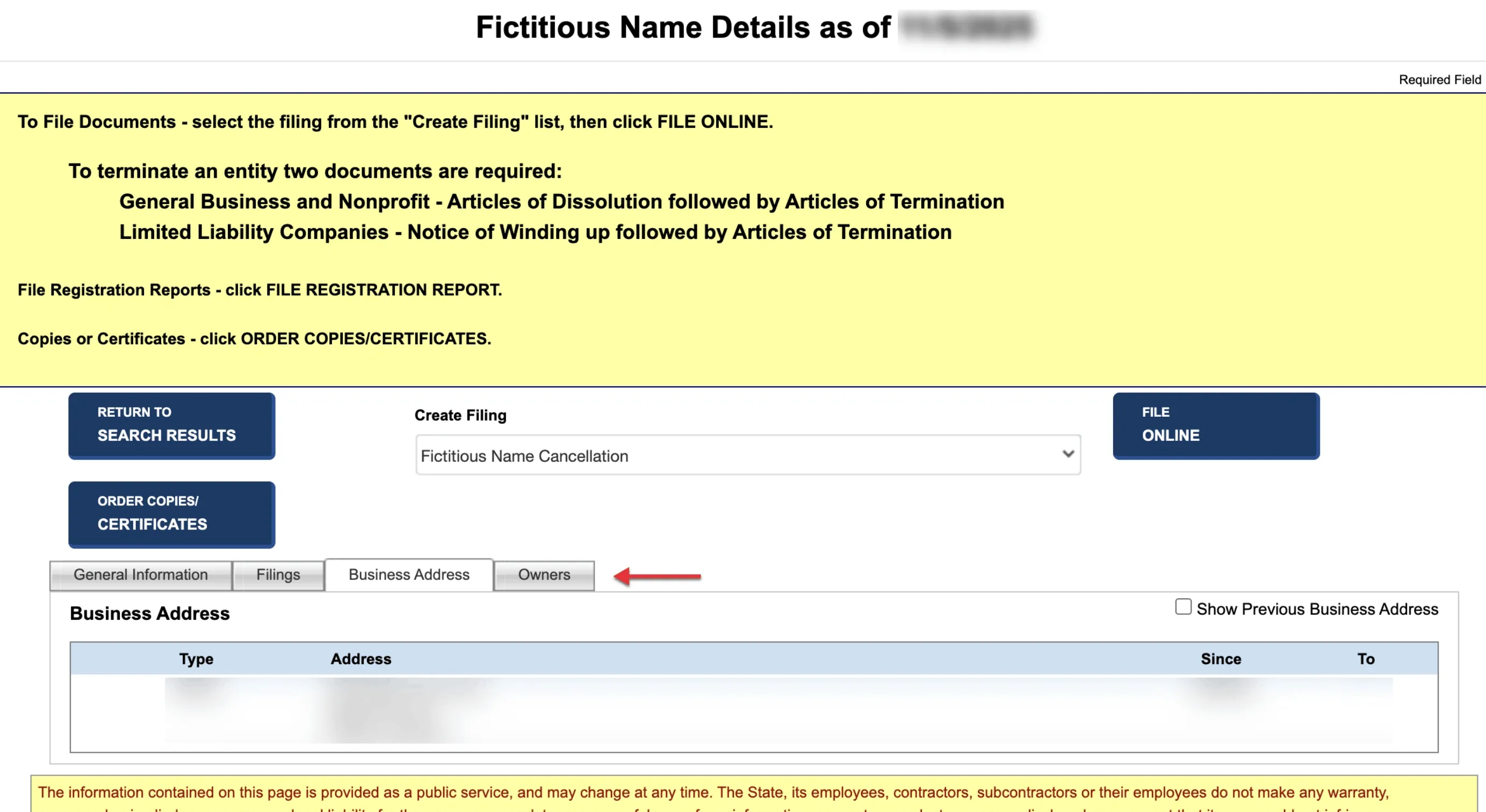 Missouri principal office address tab showing address details