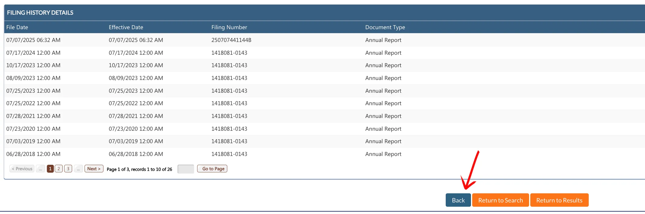 Utah details view displaying the Filing History Details table