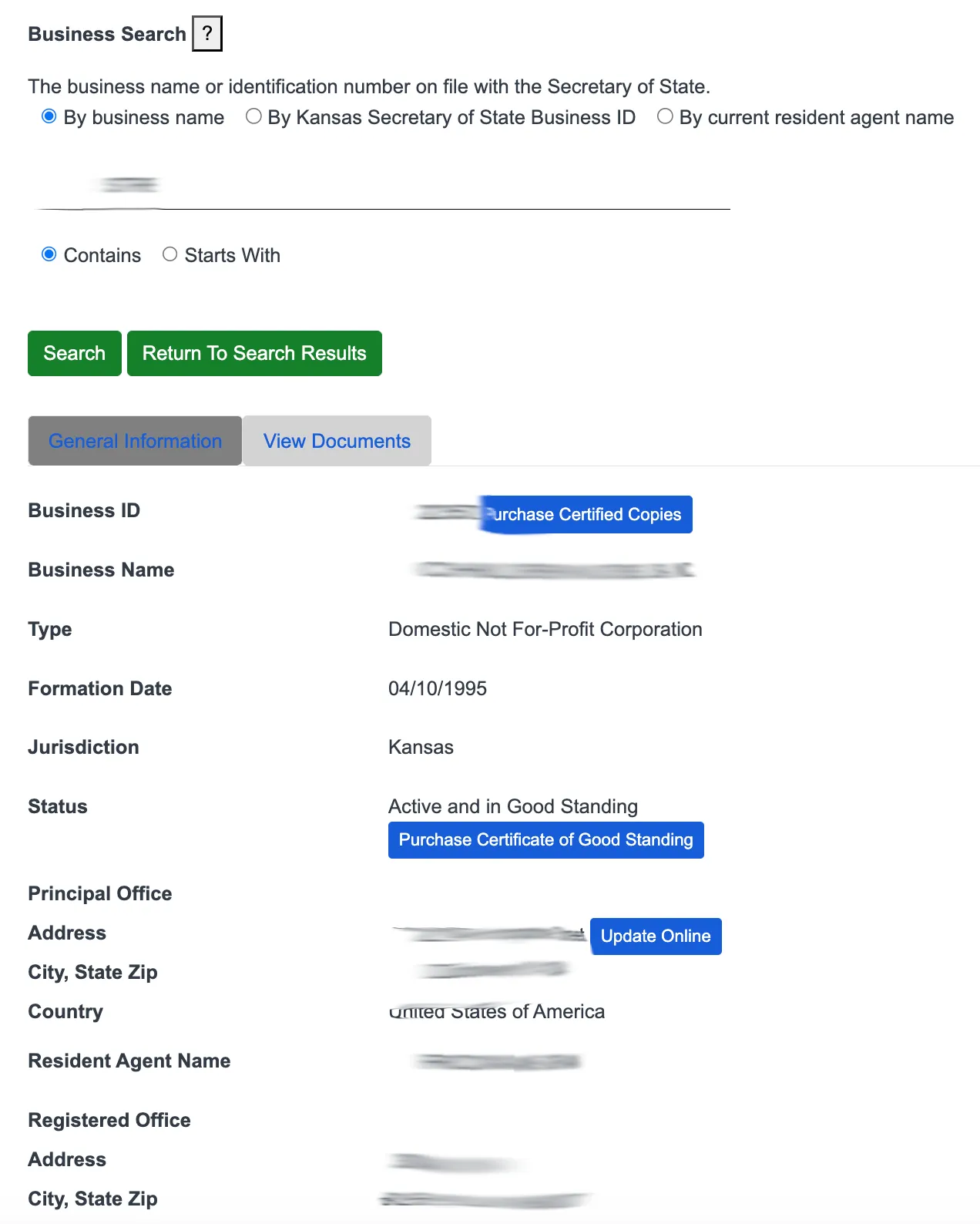 General information tab of the Kansas business entity detail record