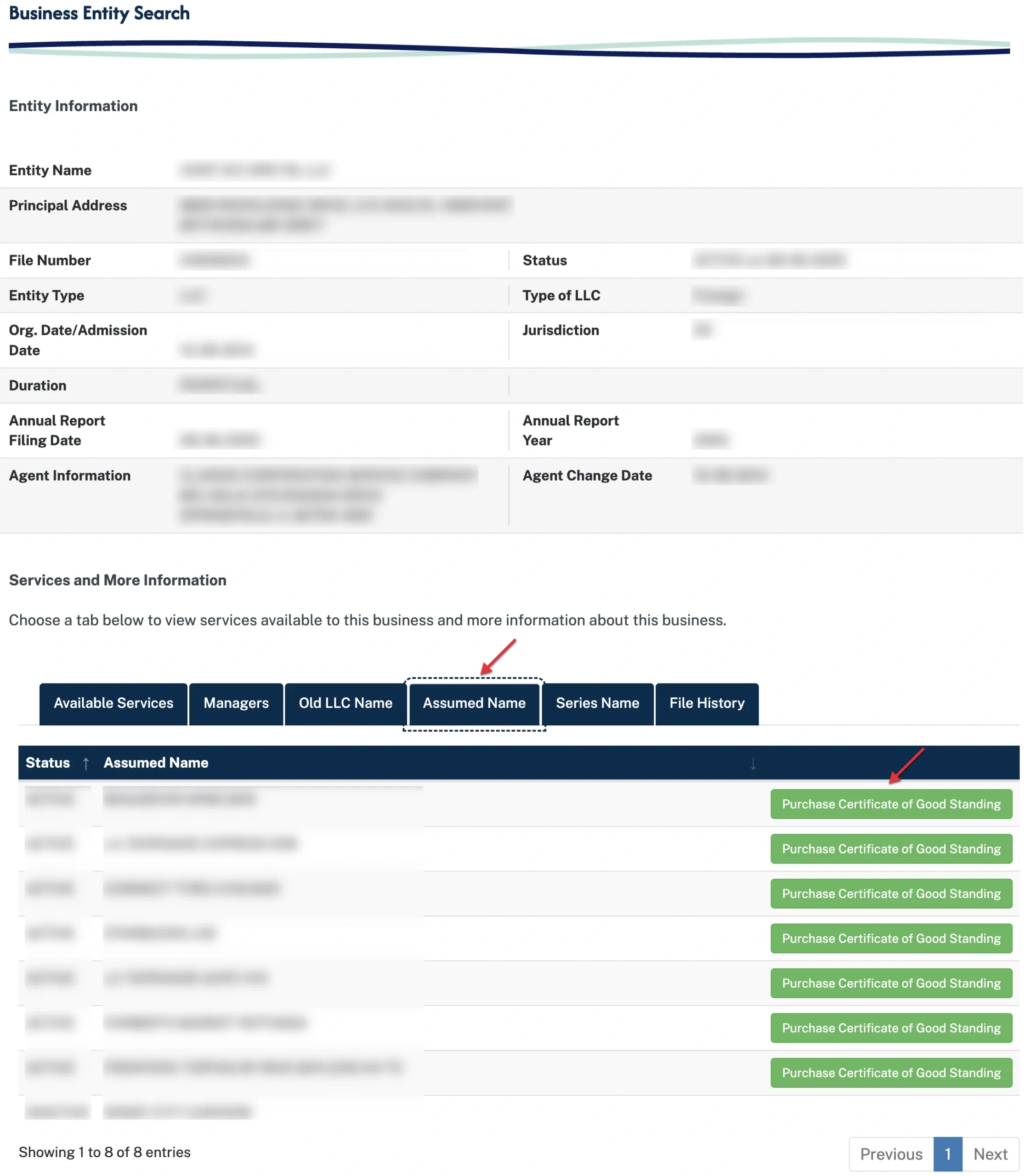 Illinois LLC entity record with the Assumed Name tab selected and assumed-name status rows