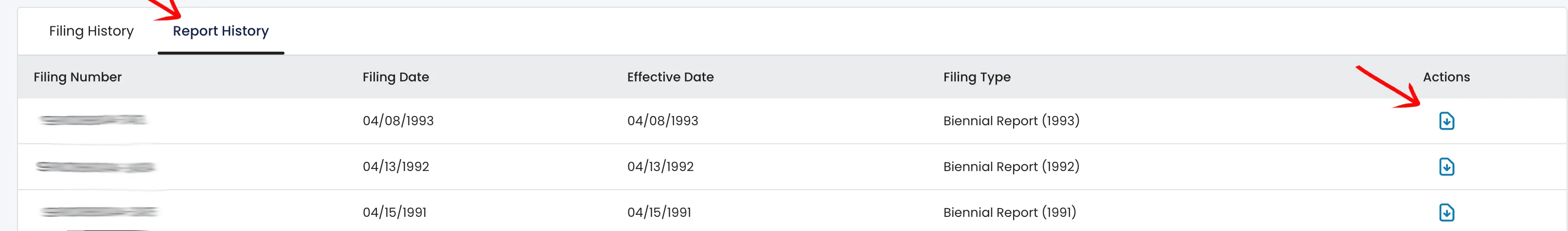 CorpOnline Report History tab displaying historical biennial reports