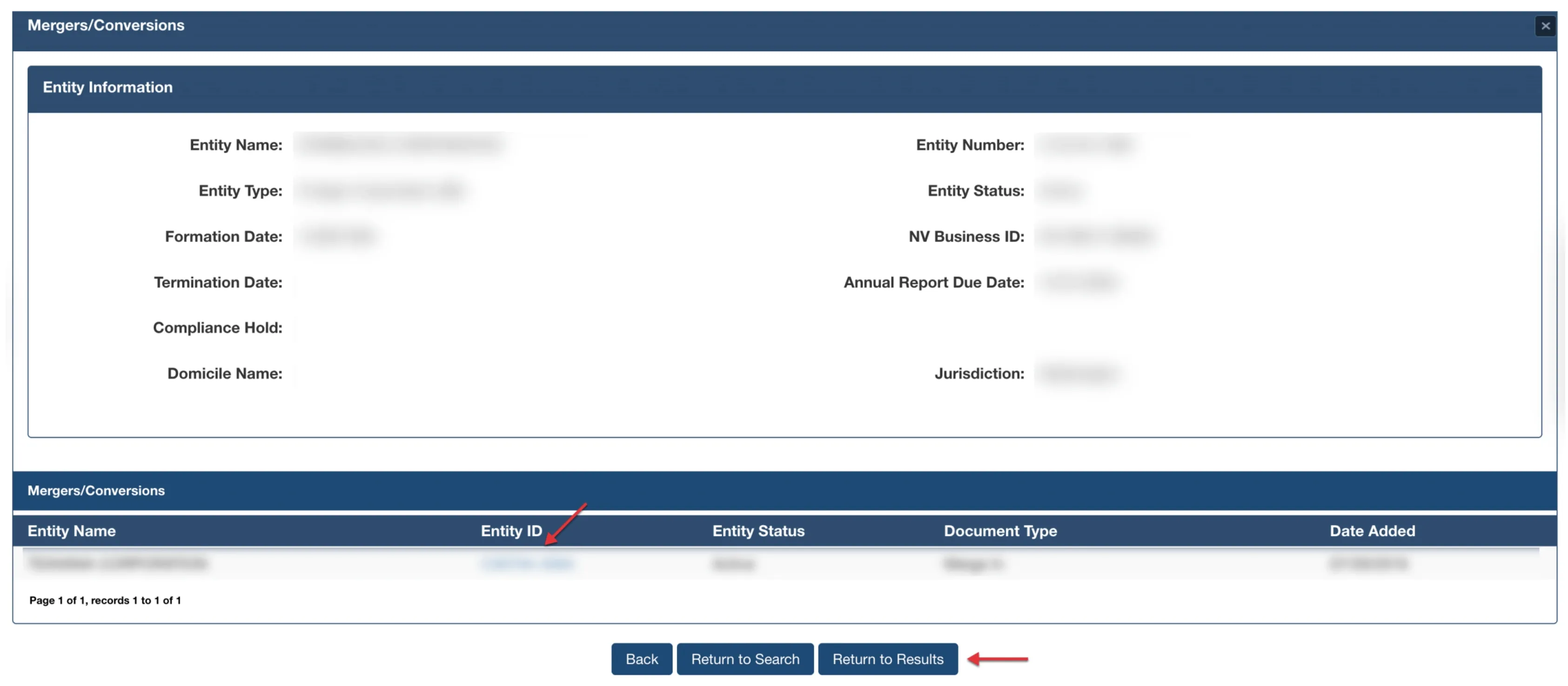 Nevada mergers and conversions popup detailing associated entities and document types
