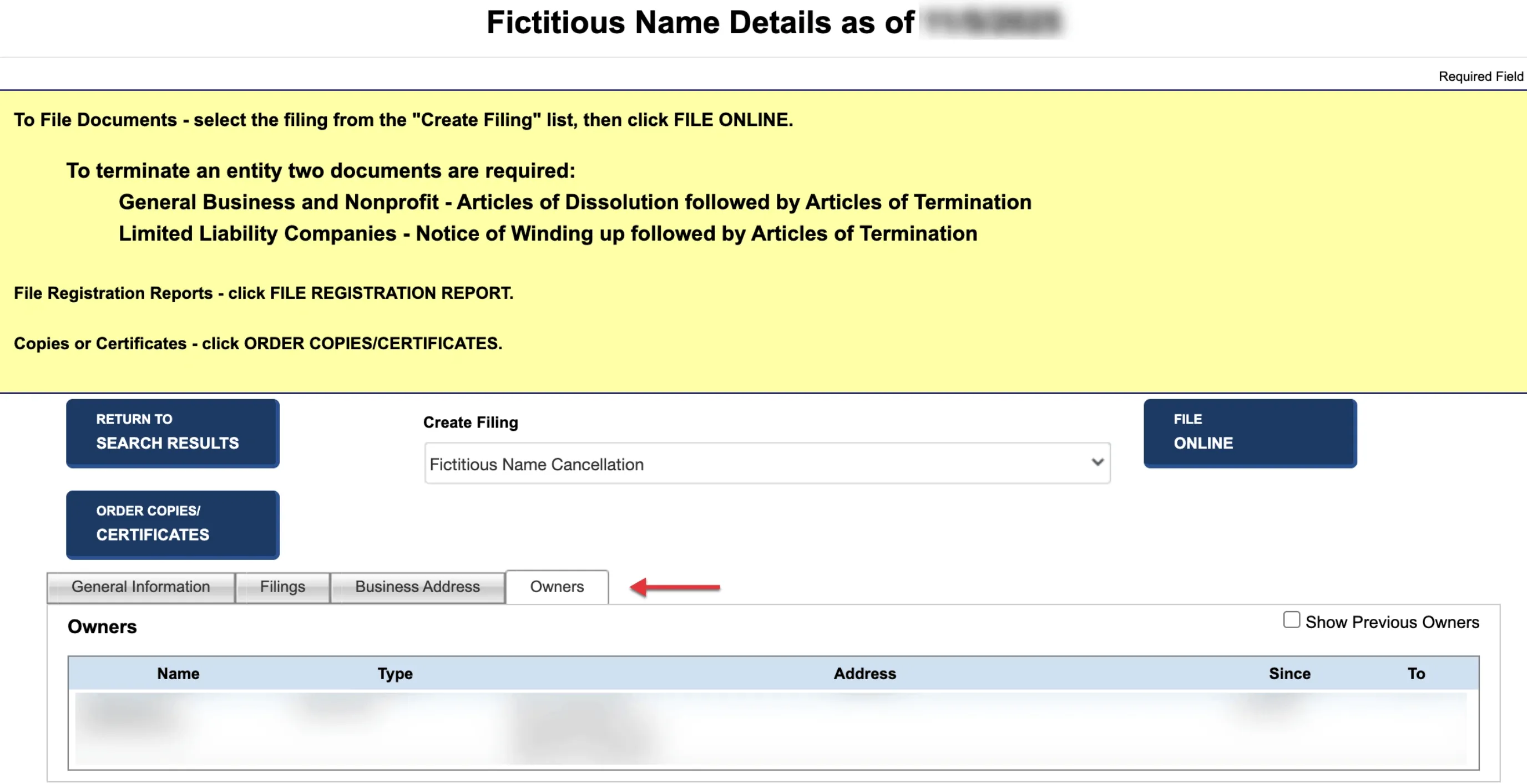 Missouri contacts tab listing contacts associated with the entity