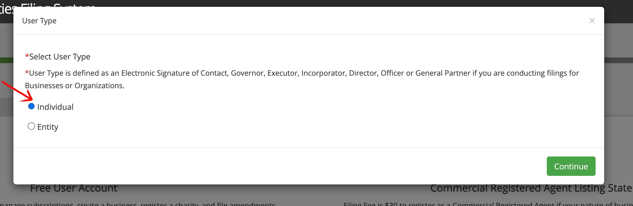Washington user registration page asking to select individual or entity user type