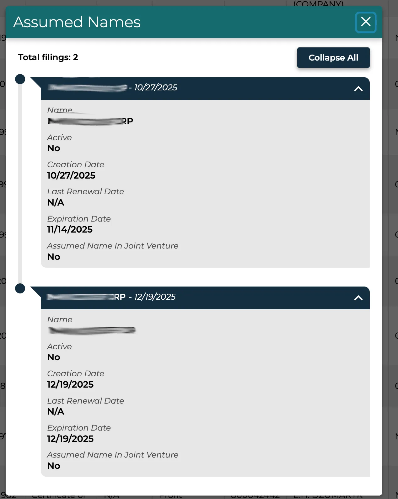 Michigan LARA assumed names popup modal showing active statuses and renewal dates