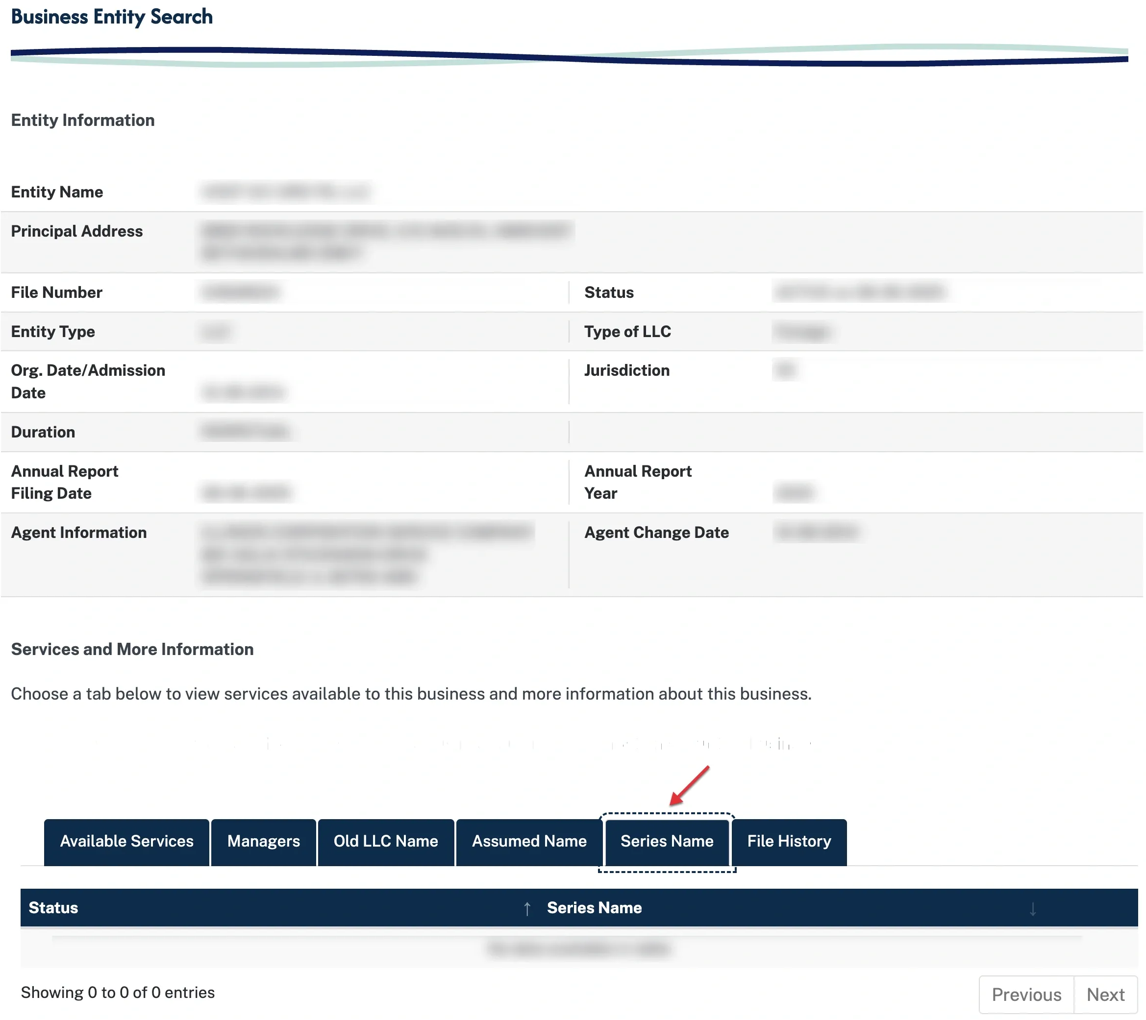 Illinois LLC entity record with the Series Name tab selected