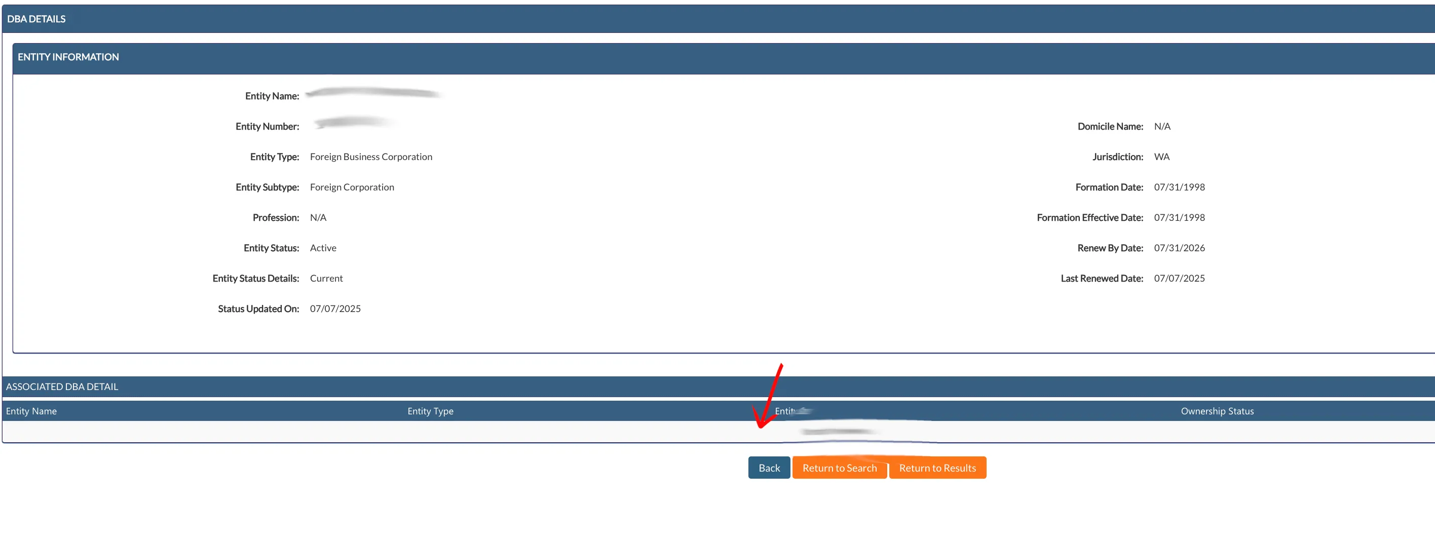 Utah details view displaying the Associated DBA Detail table