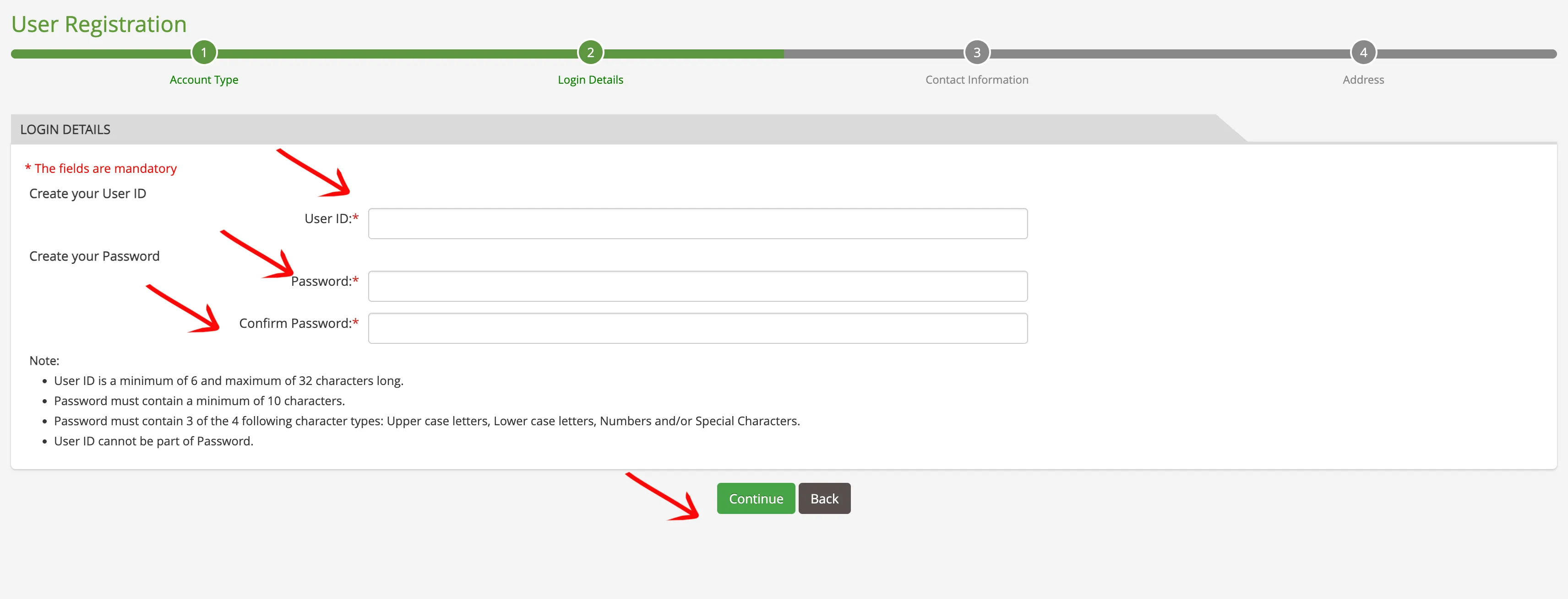Washington registration page showing login details fields like User ID and Password