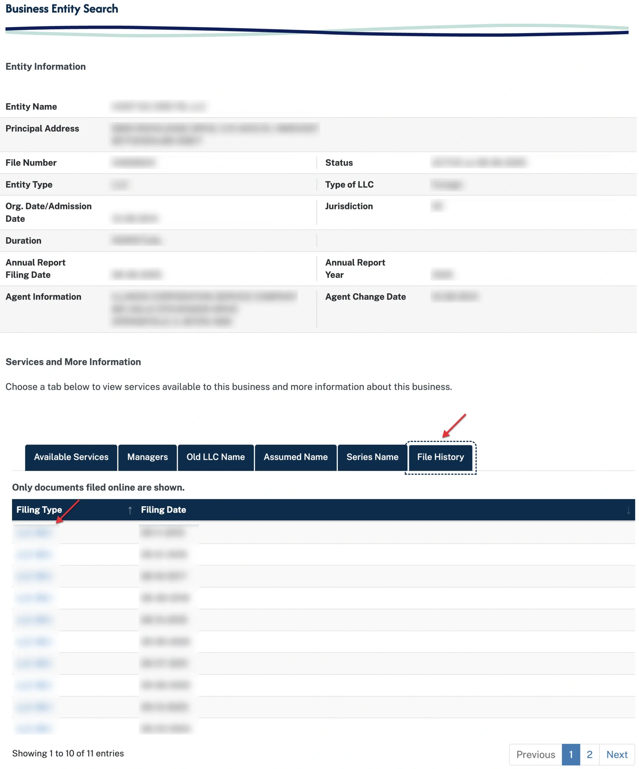Illinois LLC entity record with the File History tab selected and online filing records