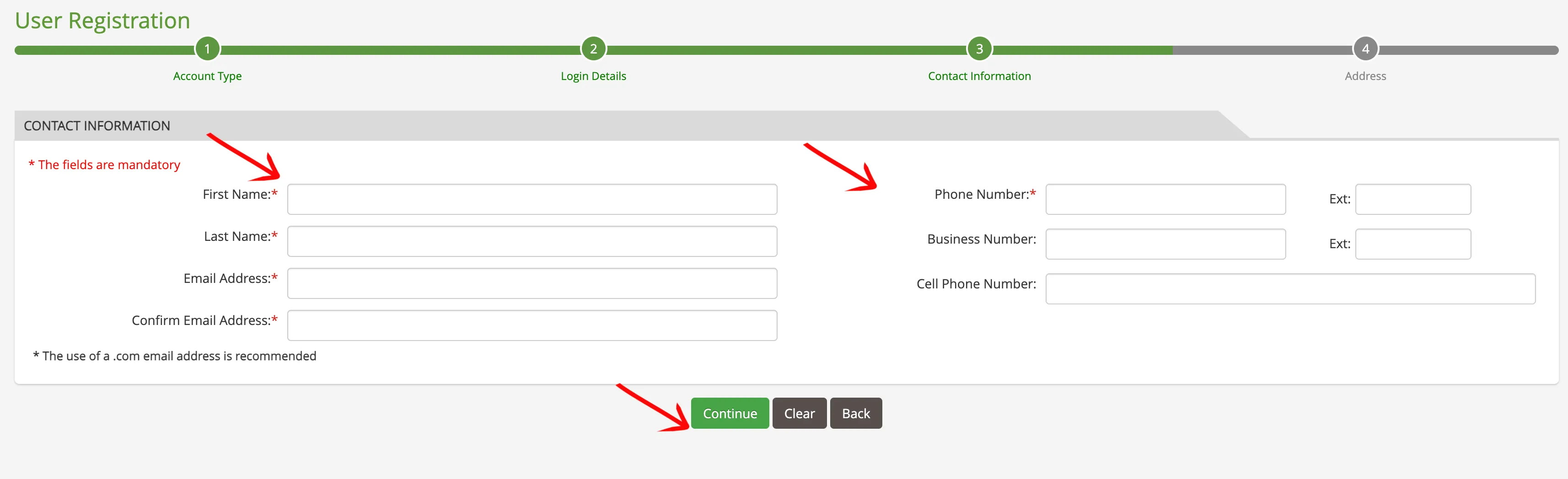 Washington registration page showing contact information fields like name and email