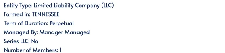 Tennessee Secretary of State LLC record details showing Managed By, Number of Members and Series LLC fields without names