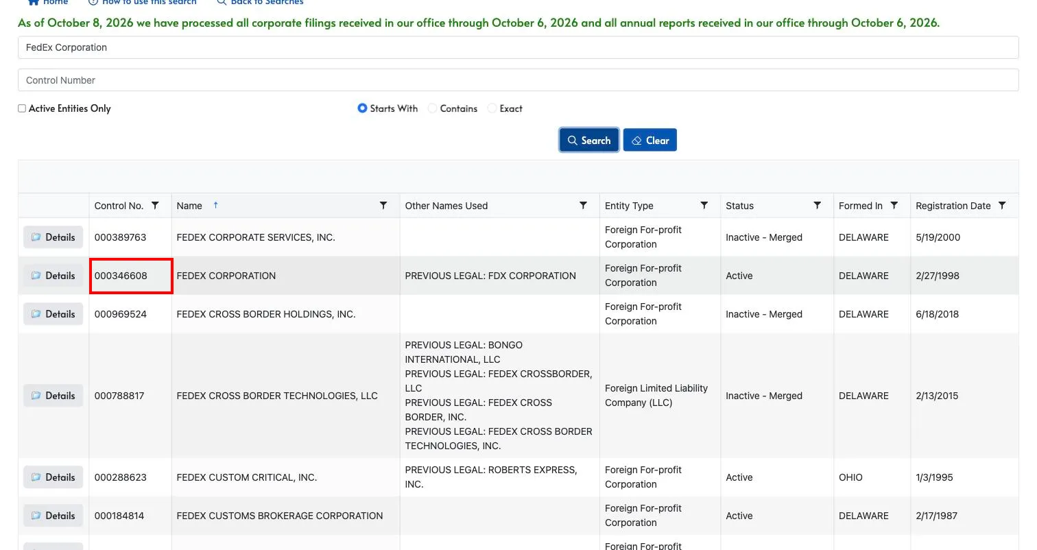 Tennessee business entity search results showing the Control No. column for FedEx Corporation