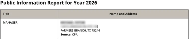 Texas Comptroller franchise tax account page showing the Public Information Report table with a MANAGER title row